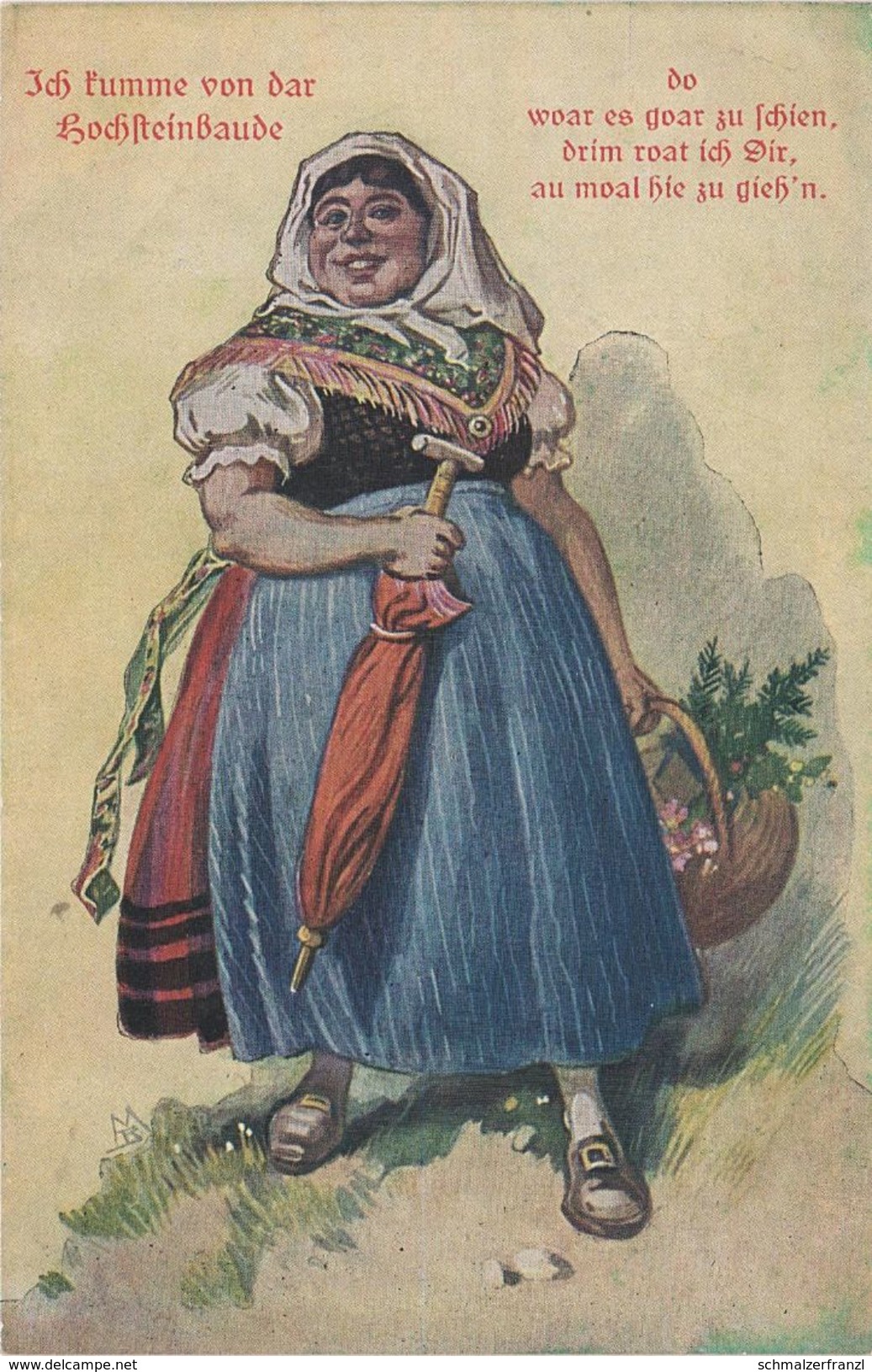 Litho AK Isergebirge Hochsteinbaude Tracht Folklore Alt Schlesische Bäuerin Spruch Sage Schreiberhau Szklarska Poreba - Schlesien