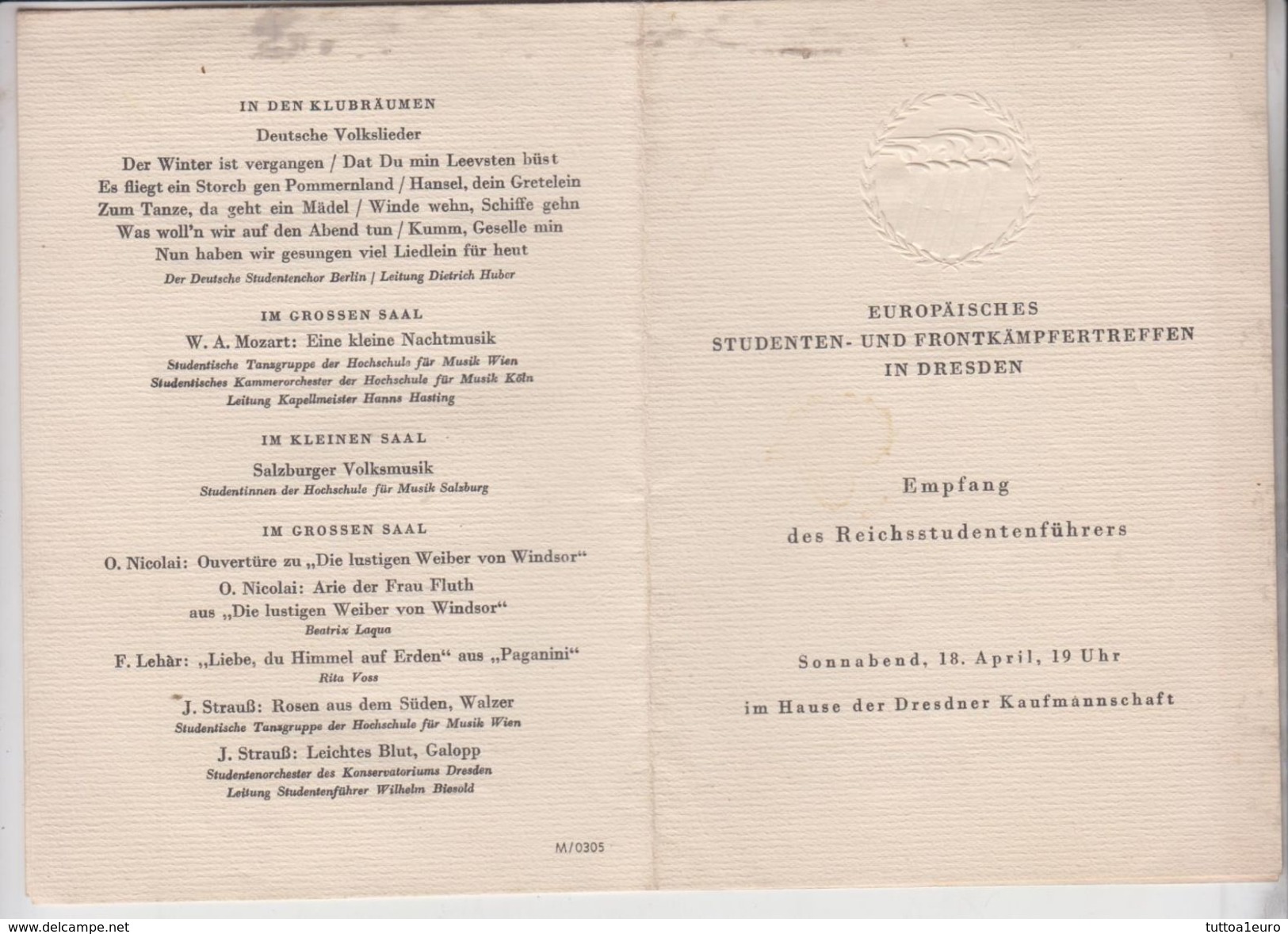 Germania Dresda -Dresden 1942 Europaisches Studenten Und Frontkampfertreffen Bach Lirica Mozart  Ss Gg - Documenti Storici