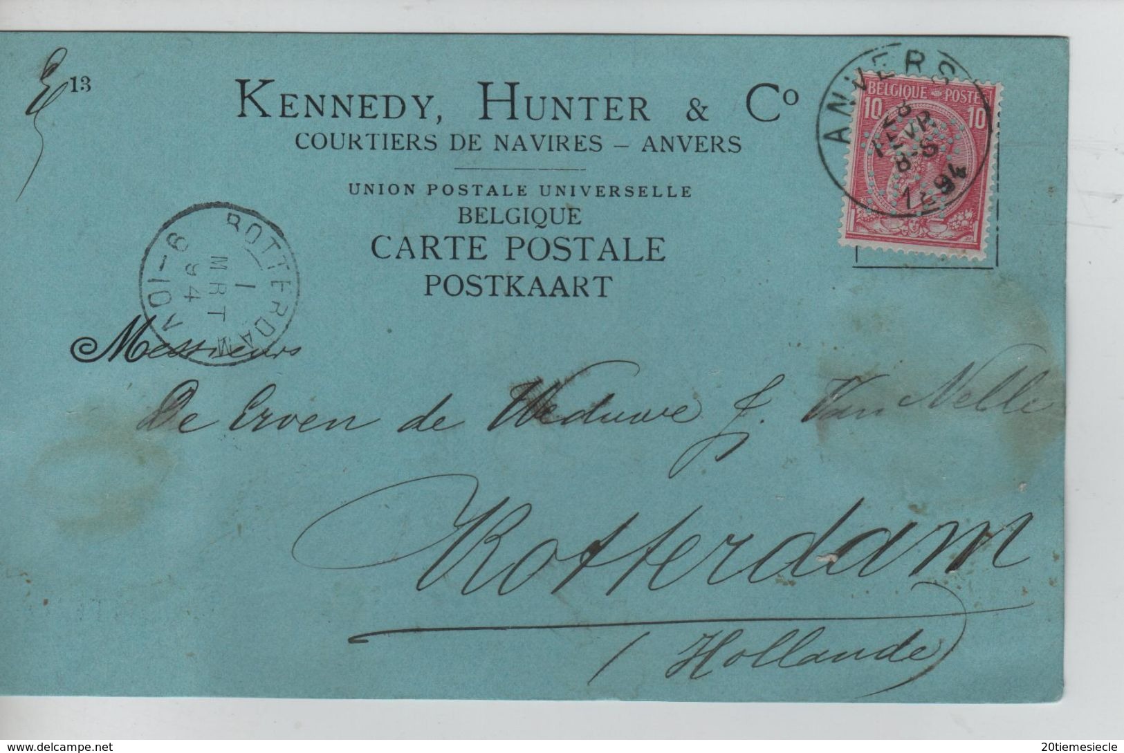 TP 46 Perforé S/CP Publicitaire Kennedy Hunter & Co CAnvers 28/2/1894 V.Rotterdam C.d'arrivée AP1084 - 1863-09