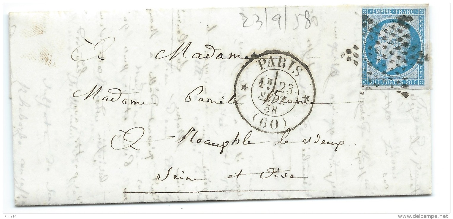 N° 14 BLEU NAPOLEON SUR LETTRE  / PARIS  POUR NEAUPHLE LE VIEUX / 23 SEPT 1858 - 1849-1876: Période Classique