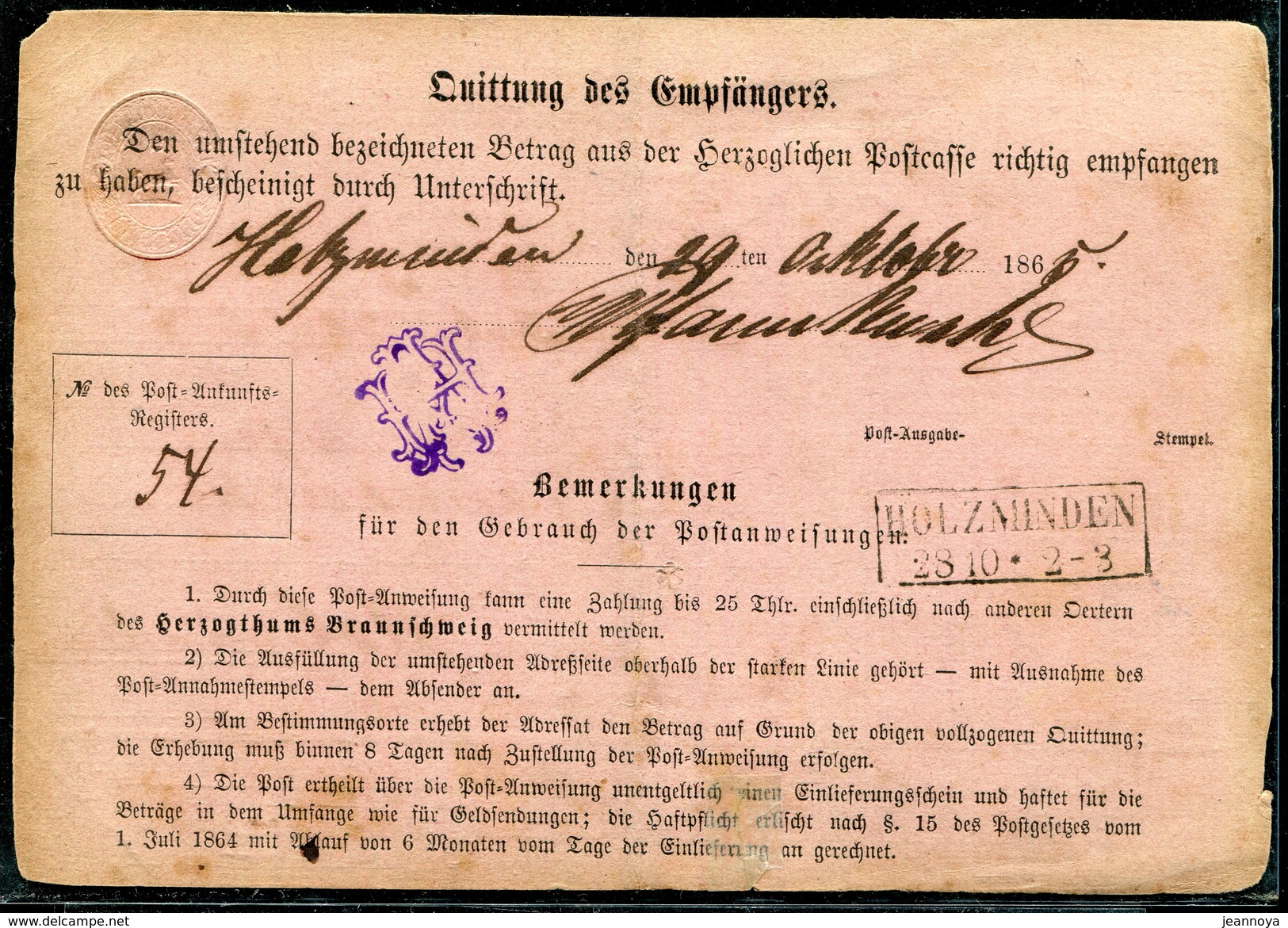 ALLEMAGNE - BRUNSWICK MANDAT POSTAL 1g , OBL. OTTENSTEIN LE 28/10/1865 POUR HOLZMINDEN - TB - Brunswick