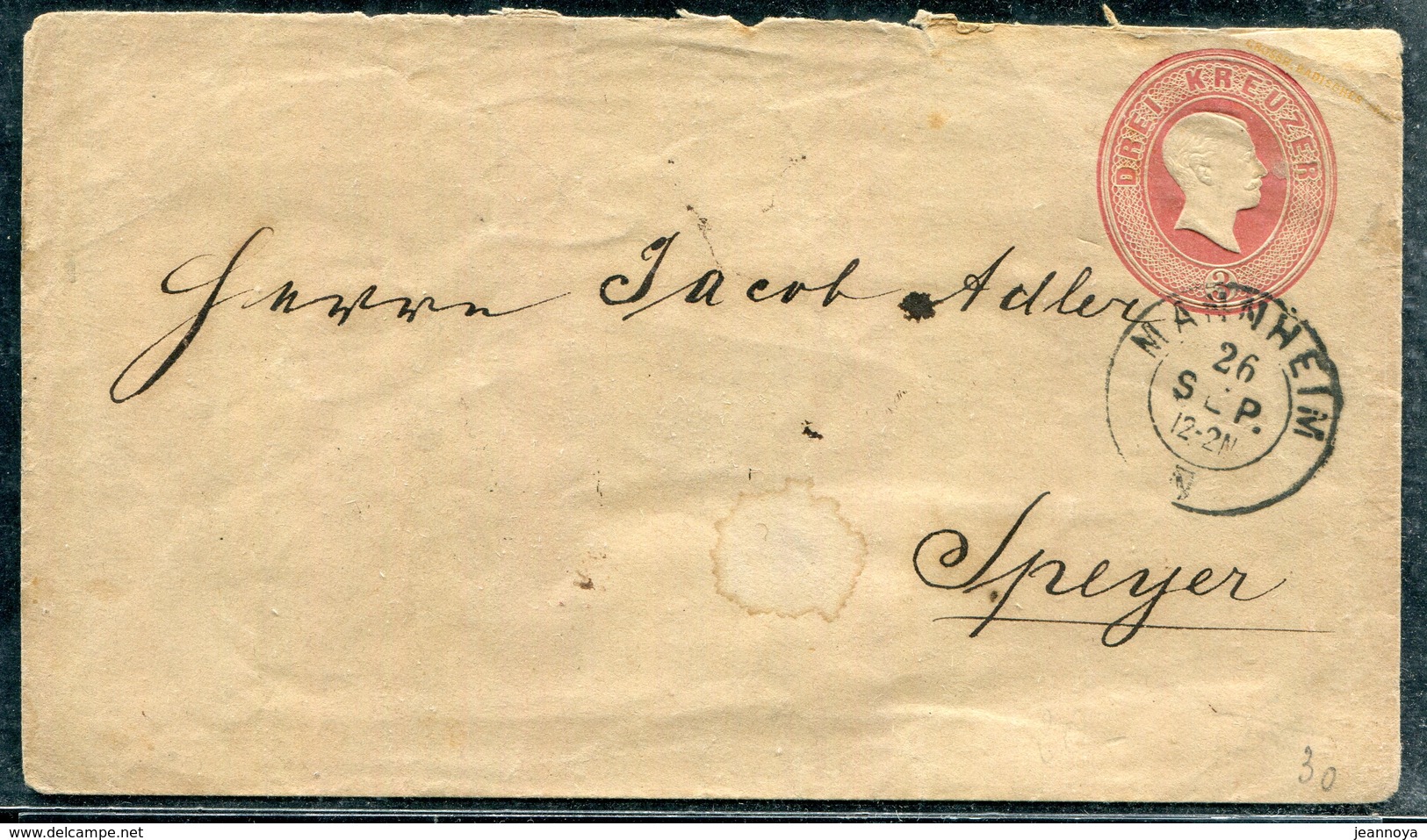 ALLEMAGNE - BADE - ENTIER POSTAL 3k. OBL. MANNHEIM LE 26/9/1862 POUR SPEYER - TB - Ganzsachen