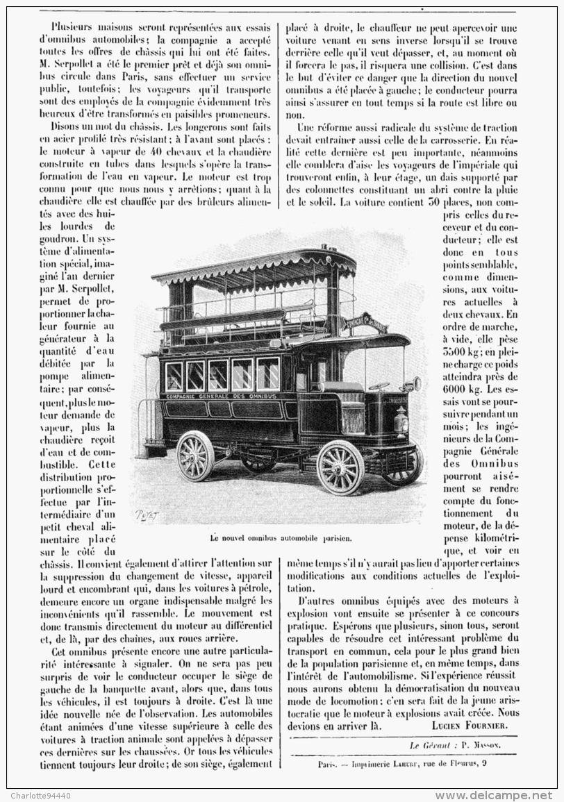 LE PREMIER OMNIBUS AUTOMOBILE PARISIENS     1905 - Other & Unclassified