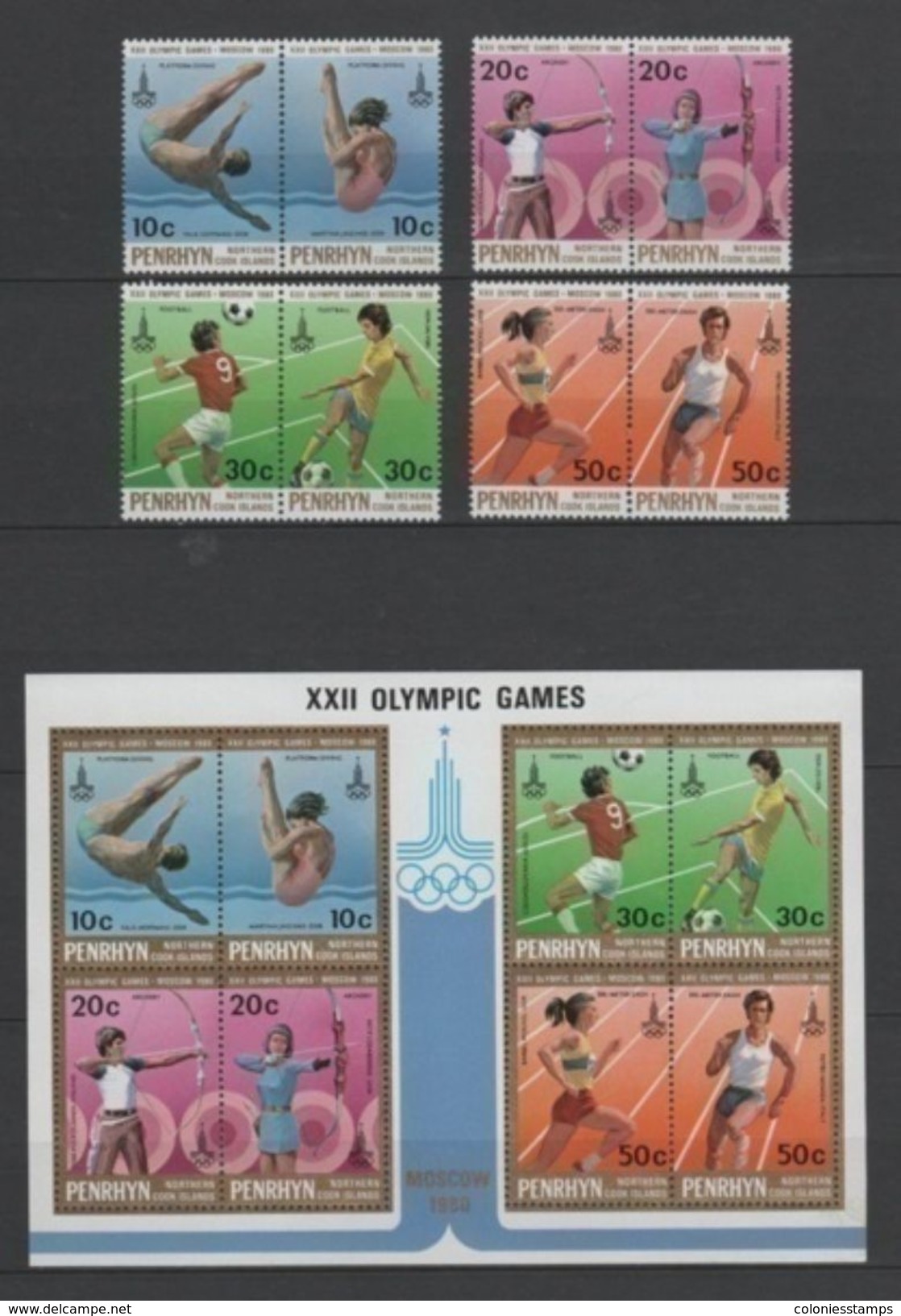 (SS088) PENRHYN ISLAND 1980 (Olympic Games, Moscow) Complete Set And Souvenir Sheet. Mi ## 151-158, 159-166 (B22). MNH** - Penrhyn