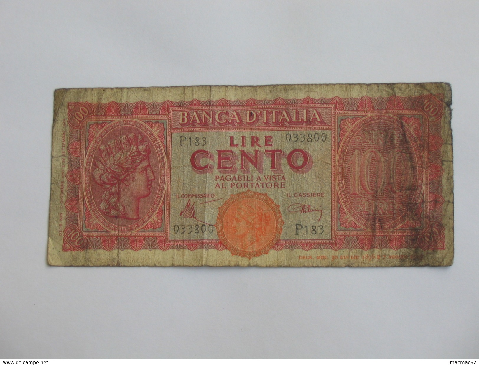 100 Cento Lire 1944-1946 - ITALIE  - Banca D´Italia  **** EN ACHAT IMMEDIAT **** - 100 Lire