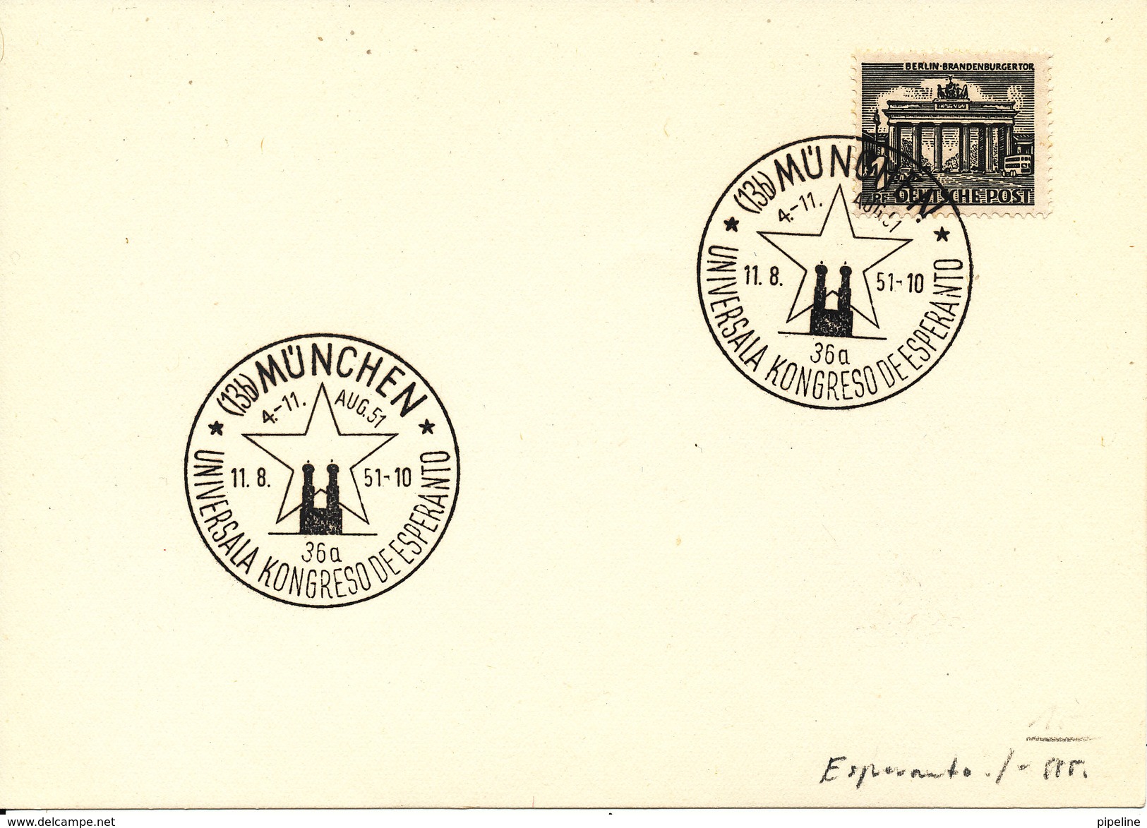 Germany Card ESPERANTO Congress In München 11-8-1951 With Nice Postmark ESPERANTO - Esperanto