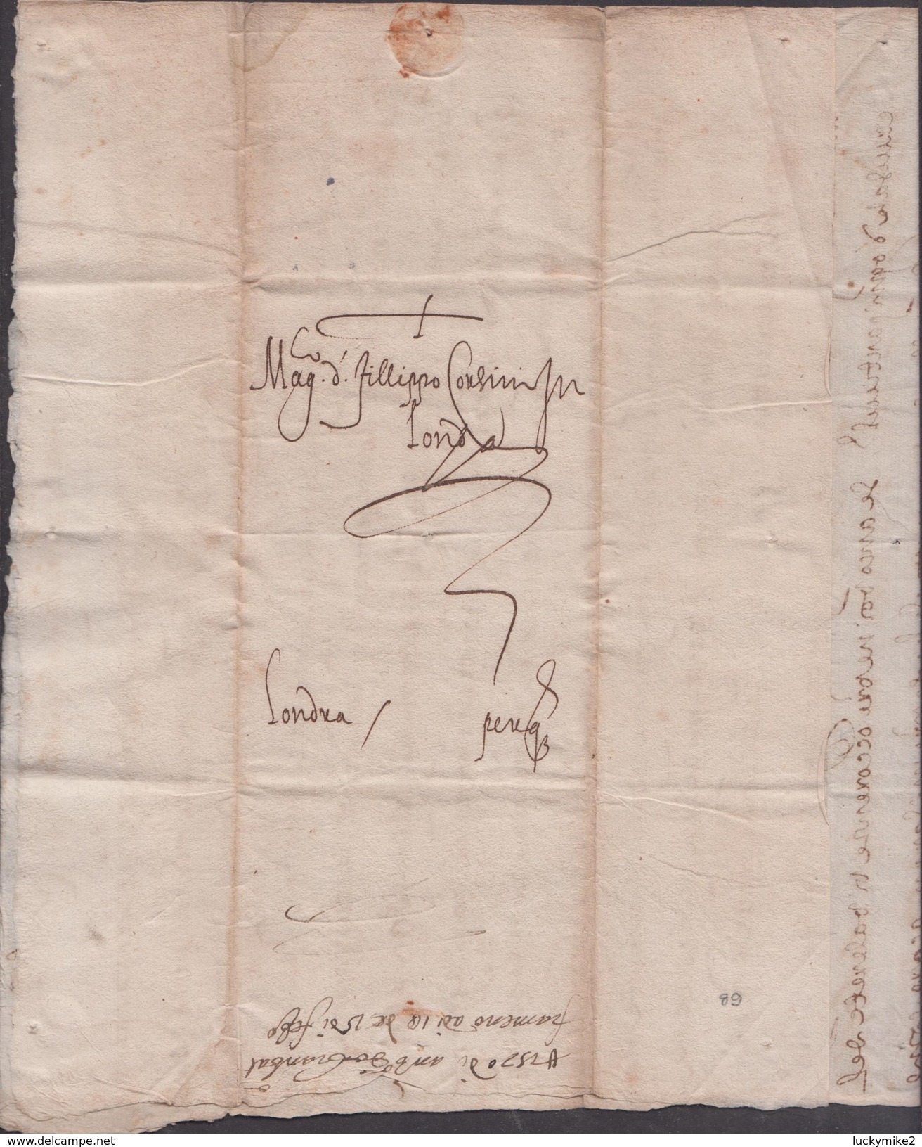 1571 Letter From Italy(?) To "Fillippo Corsini Jr(?), Londra, 8 Peny", From "Alnomededis Adn (?).  Ref 0354 - Manuscripts