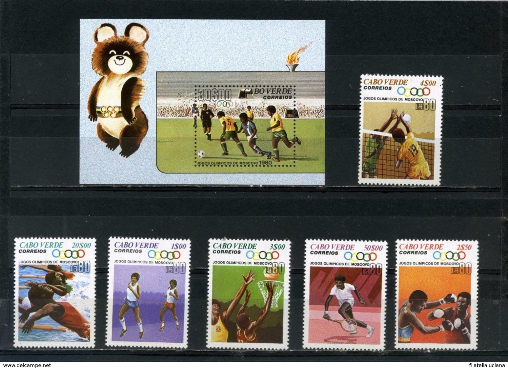 CAPE VERDE 1980 Sc#403-409 SUMMER OLYMPIC GAMES MOSCOW 6 STAMPS & S/S MNH Soccer Tennis Basketball CV $ 25.00 - Summer 1980: Moscow