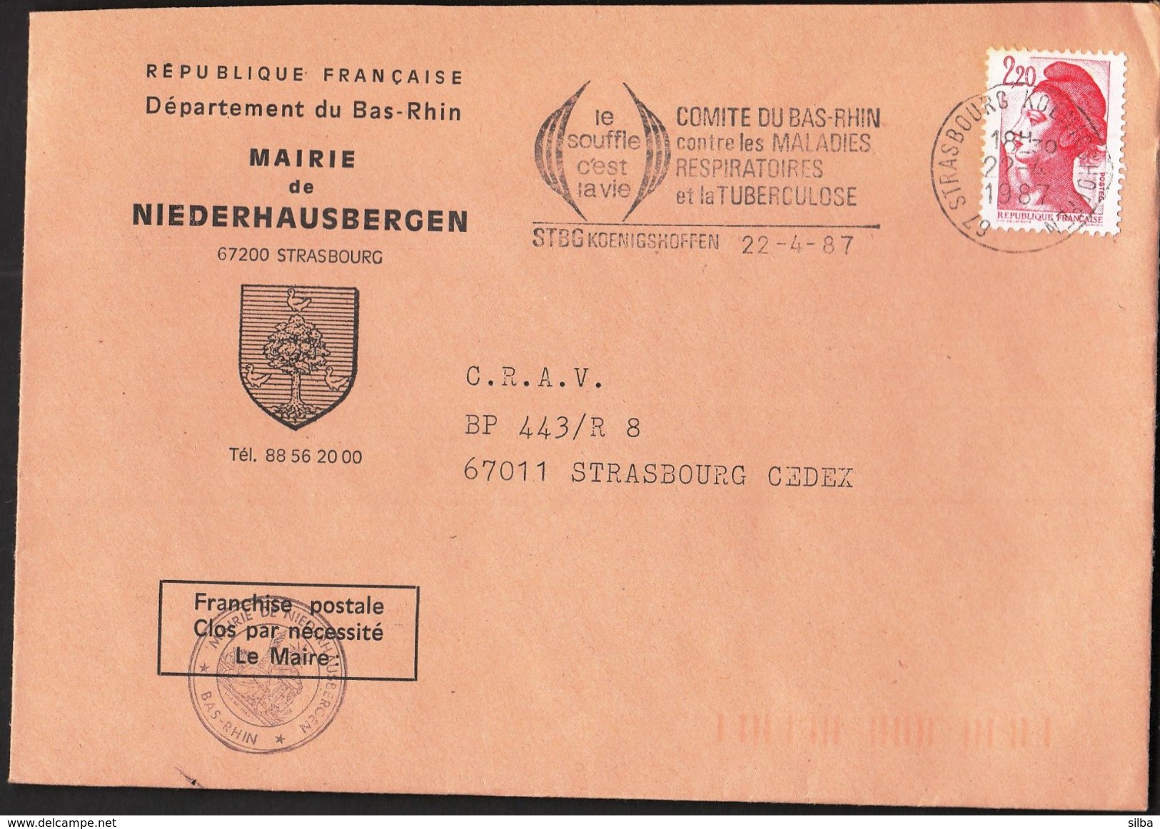 France Strasbourg Koenigshoffen 1987 / Tuberculosis - Bas Rhin Commitee / Mairie De Niederhausbergen / Machine Stamp - Maladies