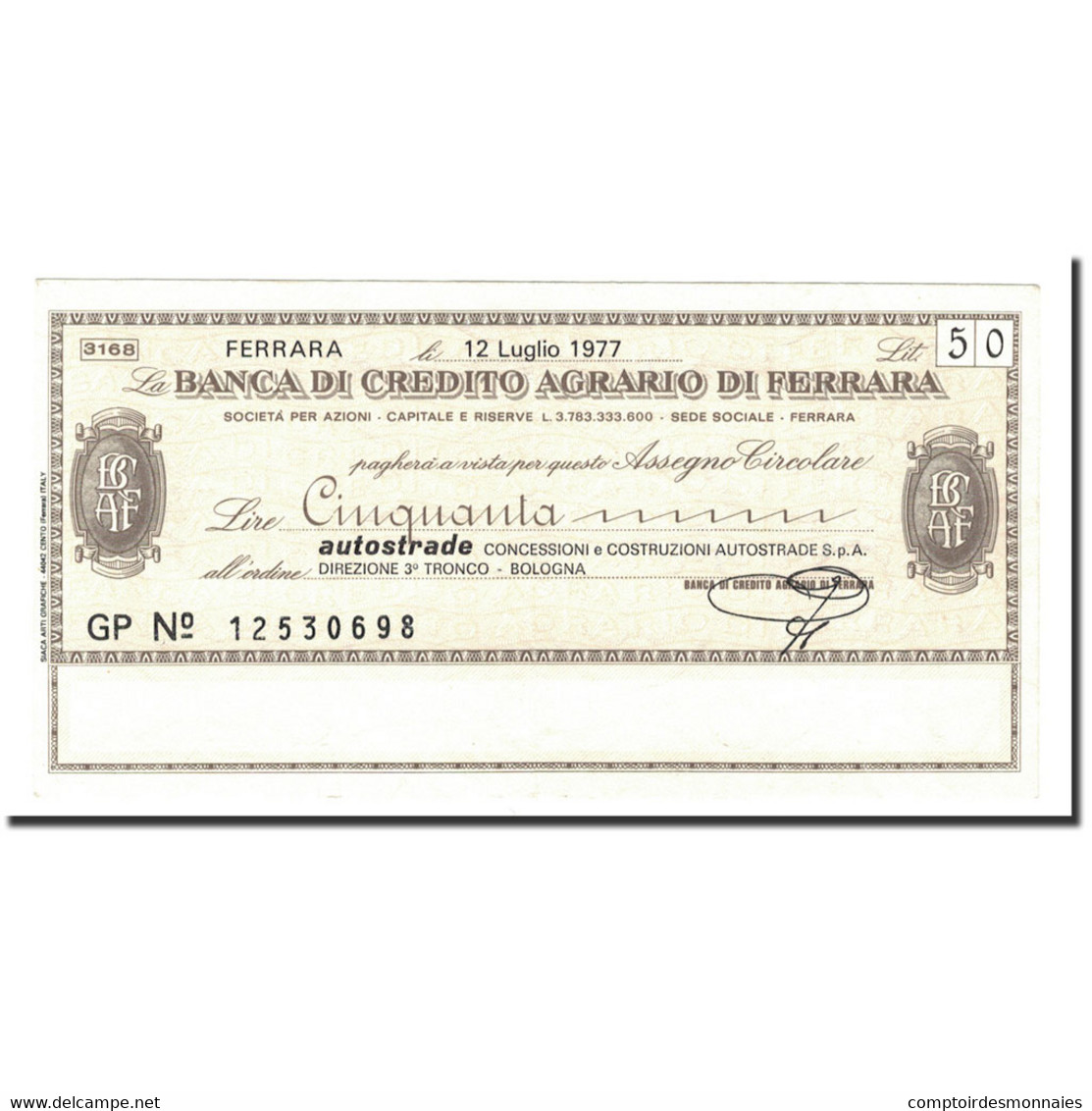 Billet, Italie, 50 Lire, 1977, 1977-07- 12, SUP - [10] Cheques Y Mini-cheques