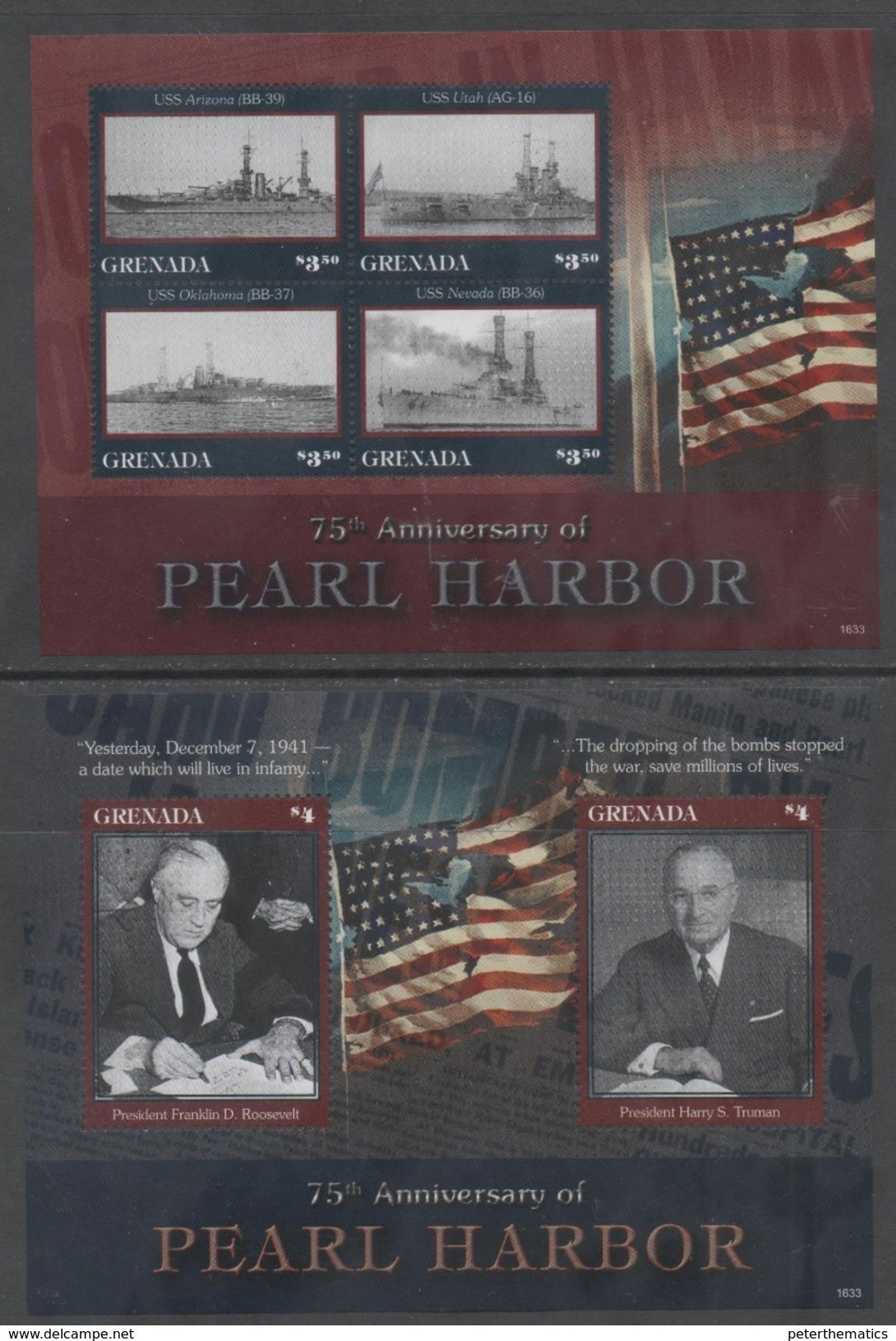 GRENADA, 2016, MNH, WWII, PEARL HARBOR, SHIPS, ROOSEVELT, TRUMAN,  SHEETLET + S/SHEET - 2. Weltkrieg