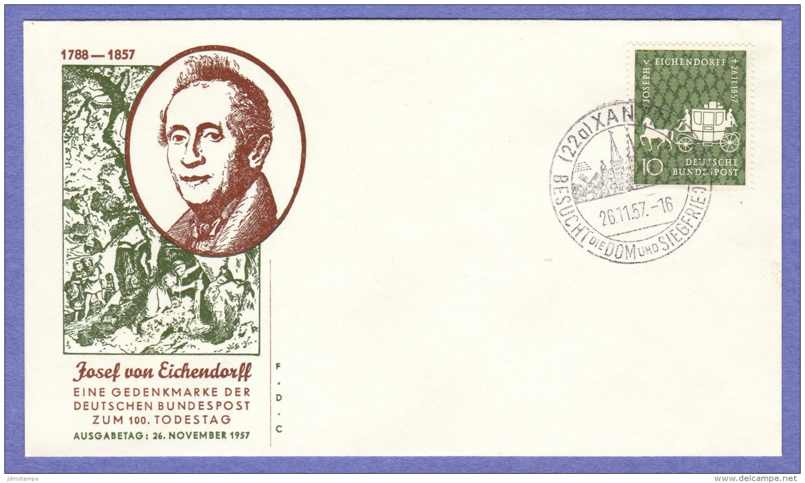 GER SC #779 1957 Joseph V. Eichendorff, Poet FDC 11-26-1957 - Other & Unclassified