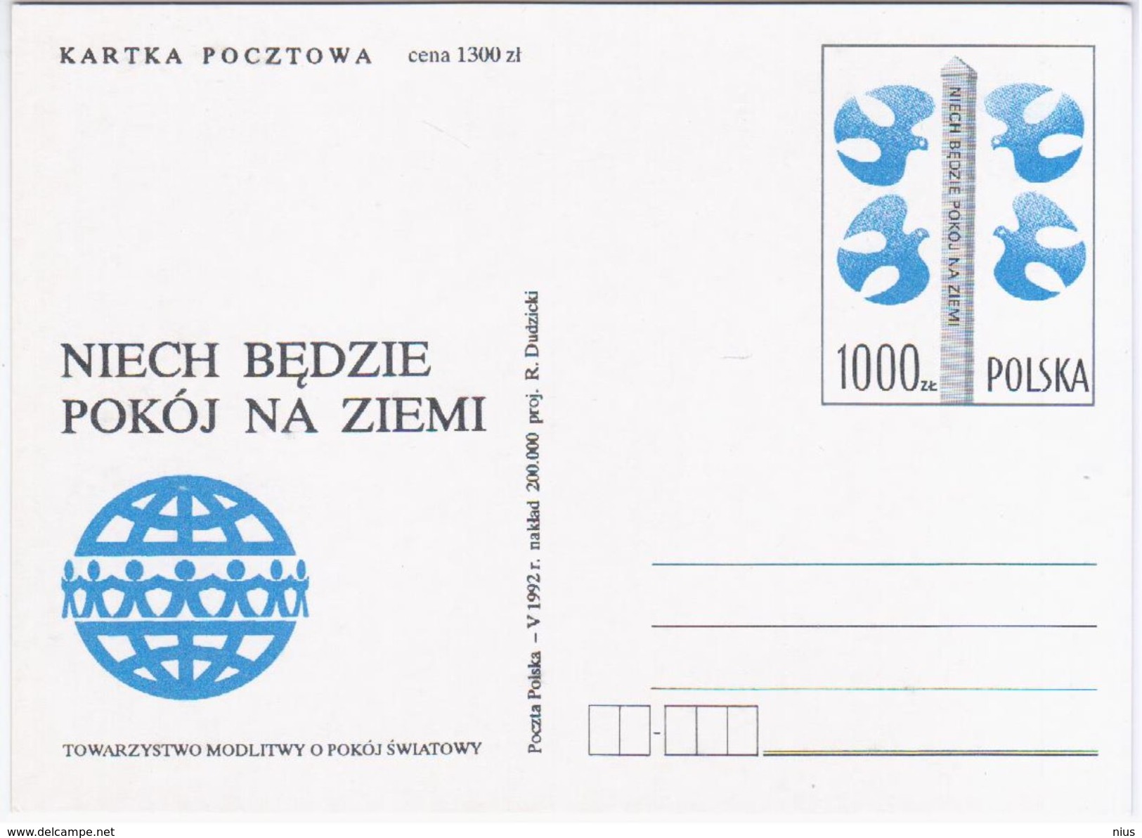 Poland Polska 1992 Let Peace Be On Earth, Society Of Prayer For World Peace - Ganzsachen