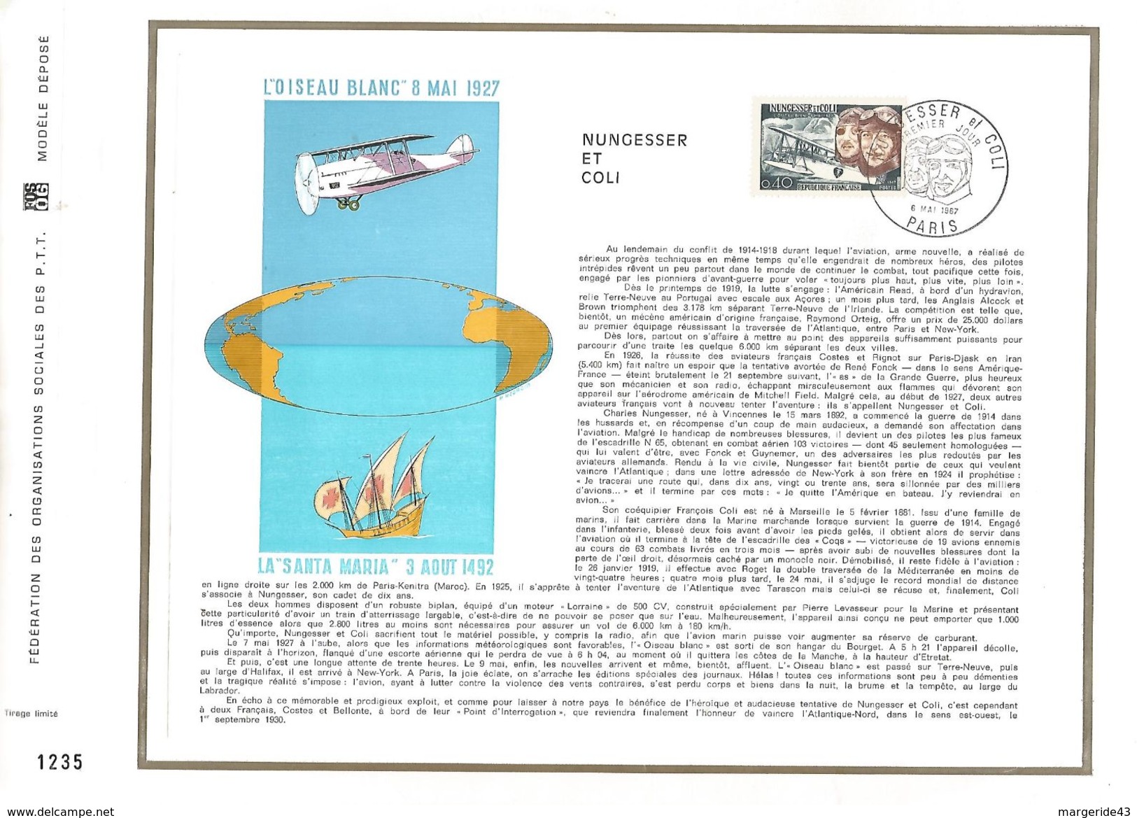 1967 AVIATION NUNGESSER ET COLI DOCUMENT OFFSET - Autres & Non Classés