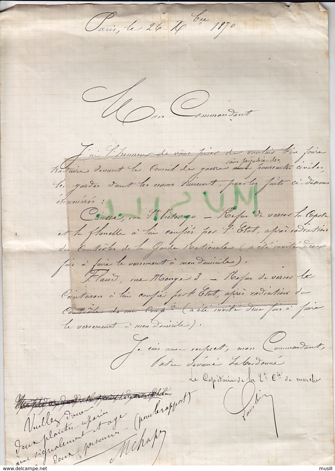 Guerre De 1870. Ernest Lambin, Capitaine De La 2e Compagnie De Marche, à Maurice Chaper. - Documents