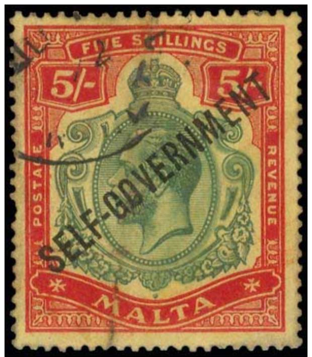 O Malta: 5s 1922 "SELF-GOVERNMENT" Ovpt On KGV Issue Stamp, U. (SG 113-100GBP). - Other & Unclassified