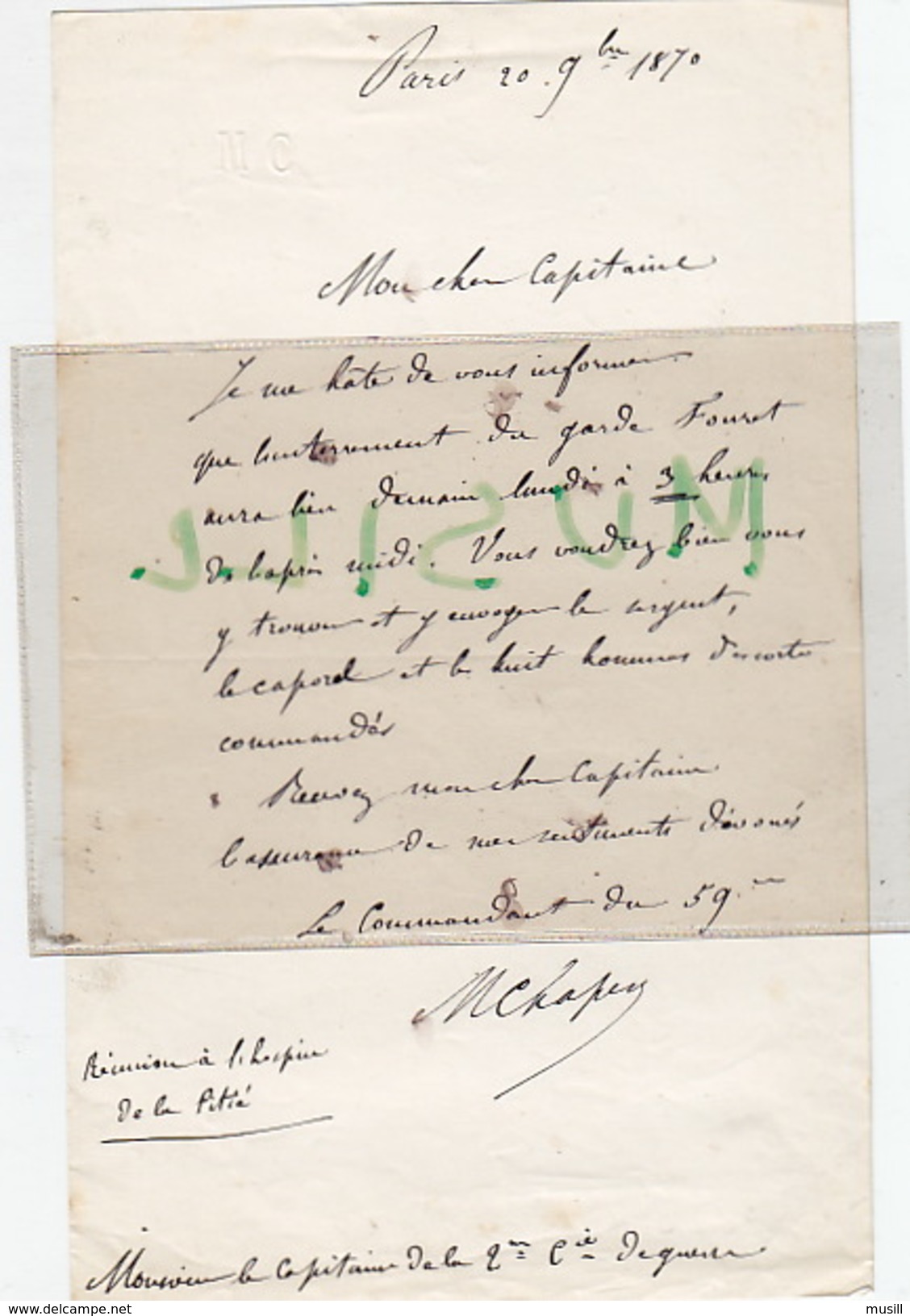 Guerre De 1870. Garde Nationale. Lettre écrite Par M. Chaper, Commandant Du 59e Bataillon Au Capitaine Lambin. 1870. - Documenti