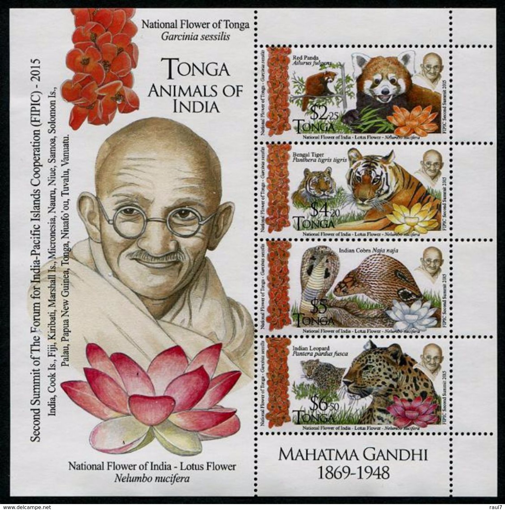 TONGA 2016 - Ghandi, Faune Hindou, Tigre, Léopard, Cobra Et Panda Rouge - BF Neufs // Mnh // €35.00 - Tonga (1970-...)