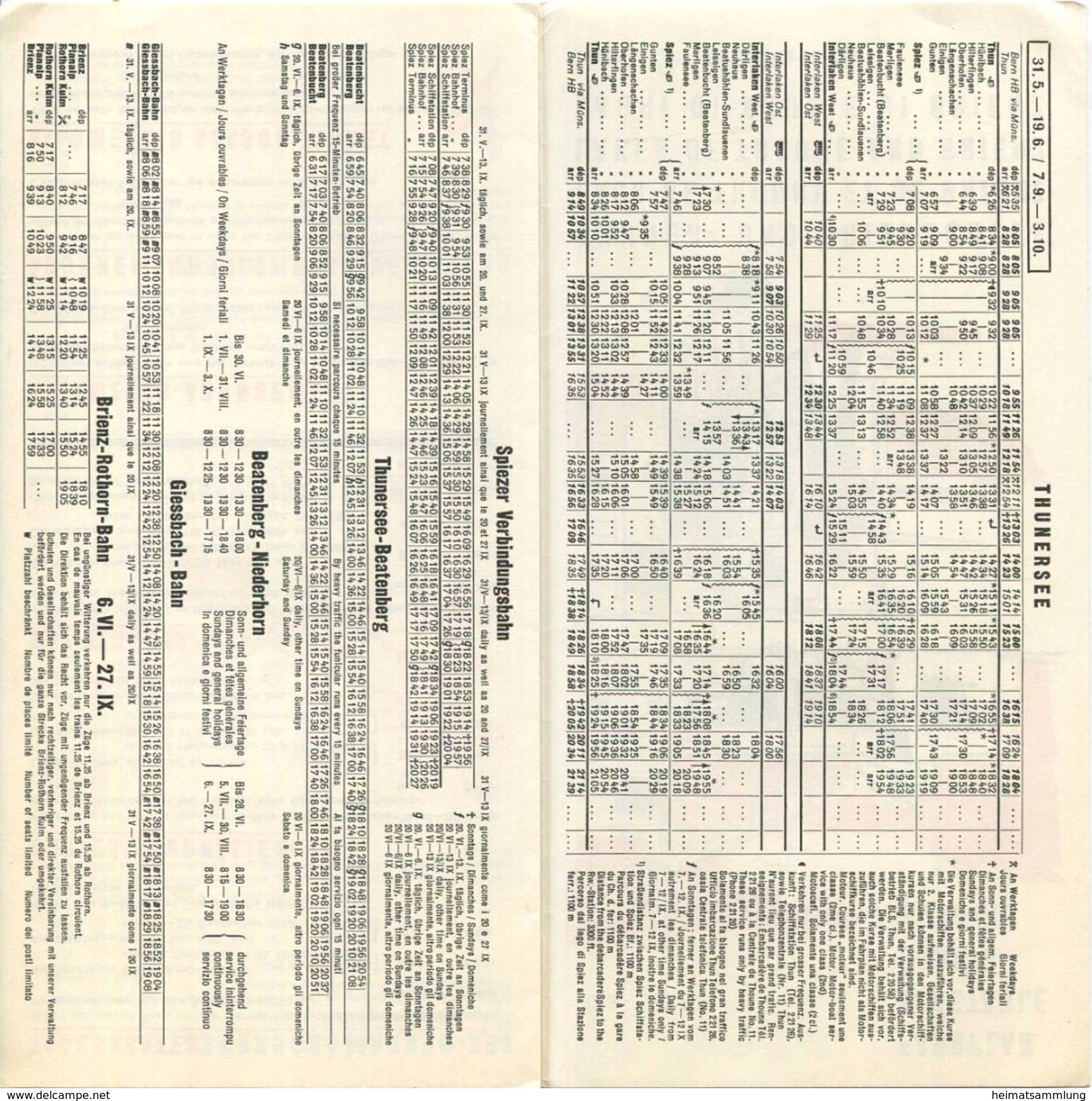 Schweiz - Fahrplan 1959 Thuner- Und Brienzersee - Faltblatt - Beiliegend Fahrplan Für Abendrundfahrt - Europe