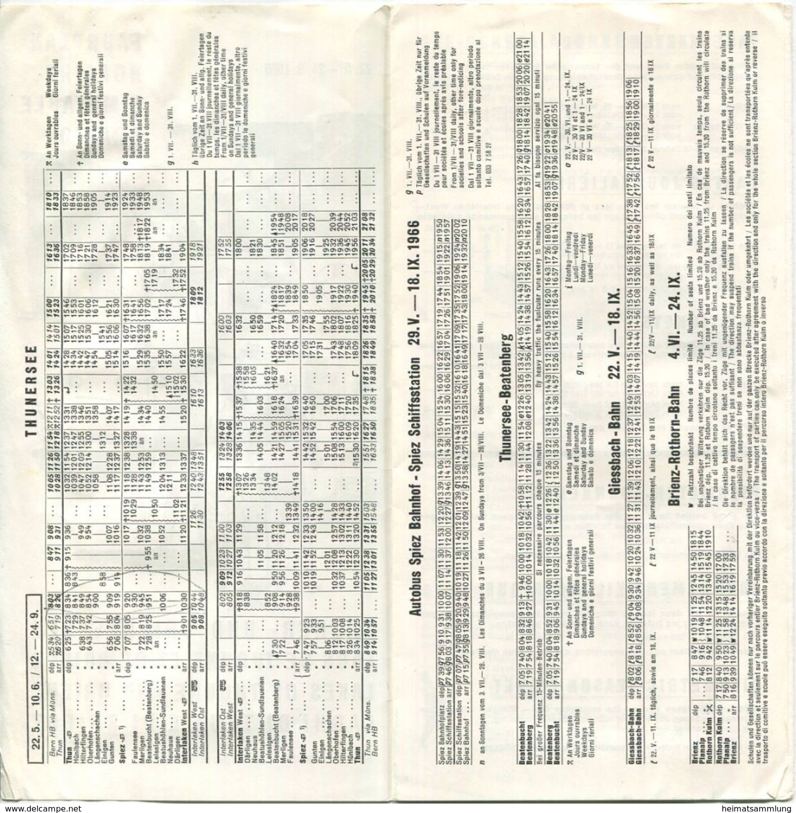 Schweiz - Fahrplan 1966 Thuner- Und Brienzersee - Faltblatt - Europe