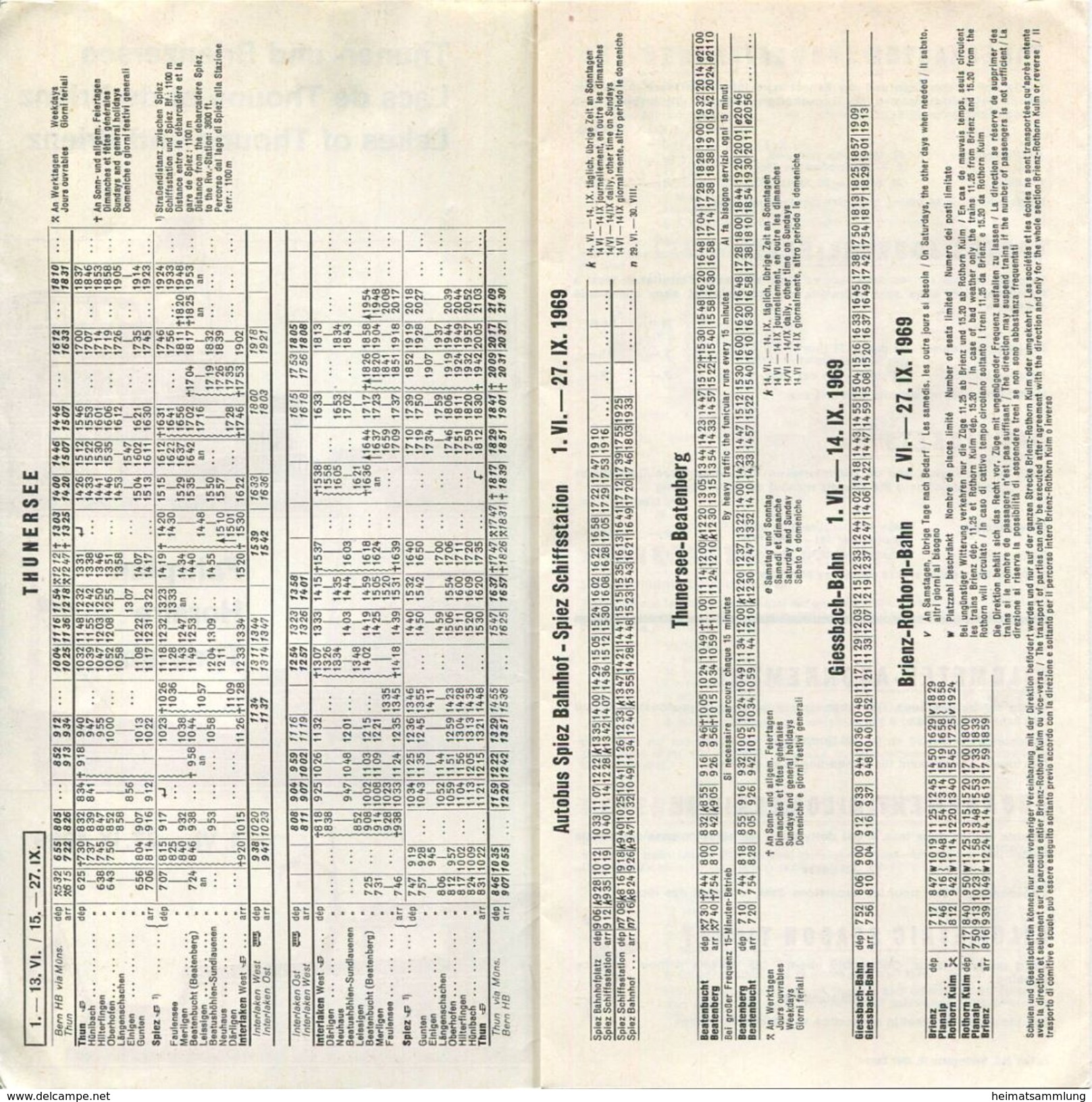 Schweiz - Fahrplan 1969 Thuner- Und Brienzersee - Faltblatt - Europe