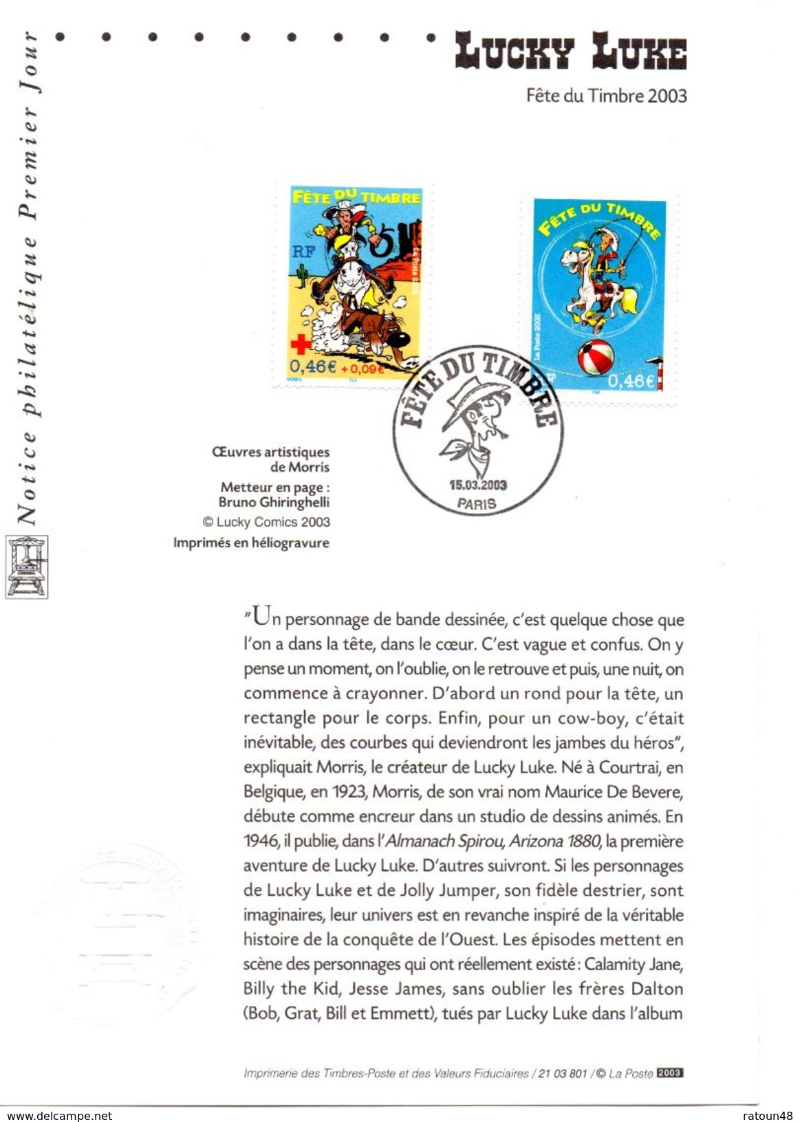 Fête Du Timbre Luky Luke -Notice Philatélique Premier Jour   - Le 15/03/2003 à PARIS - Comics