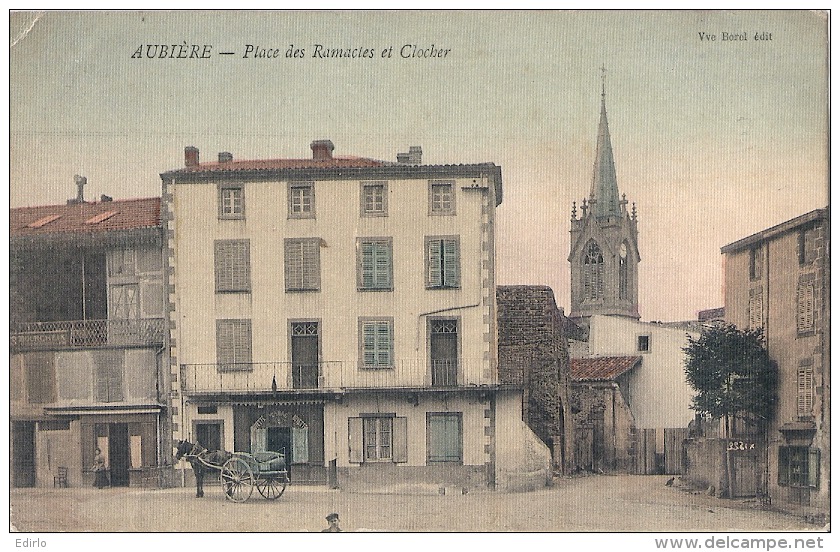 ---- 63 ----- AUBIERE  Place Des Ramacles Et Clocher  - TB(angle)  Papier Toilé Colorisée - Aubiere