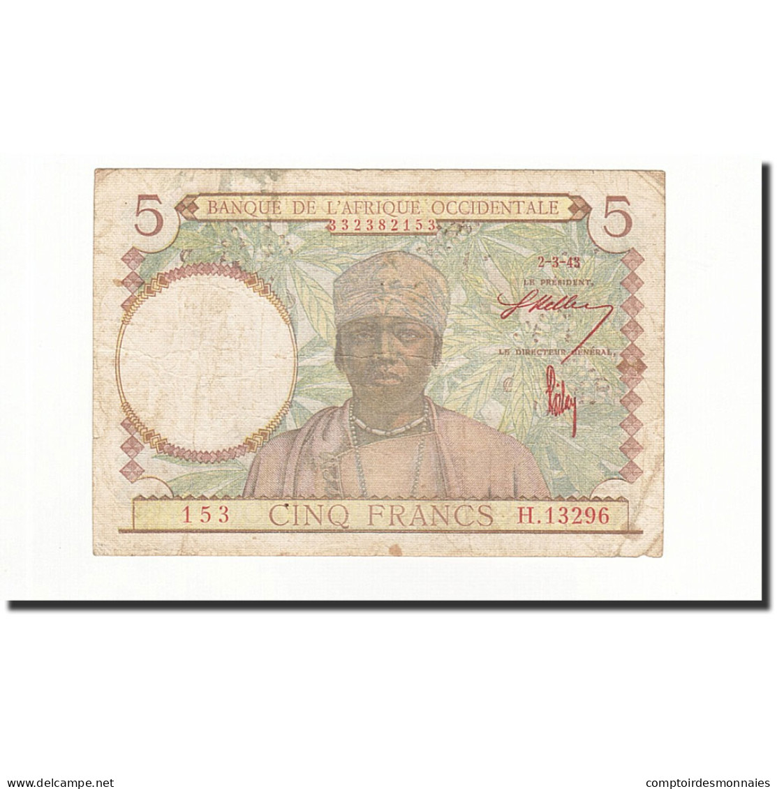 Billet, French West Africa, 5 Francs, 1943-03-02, KM:26, TB - West African States