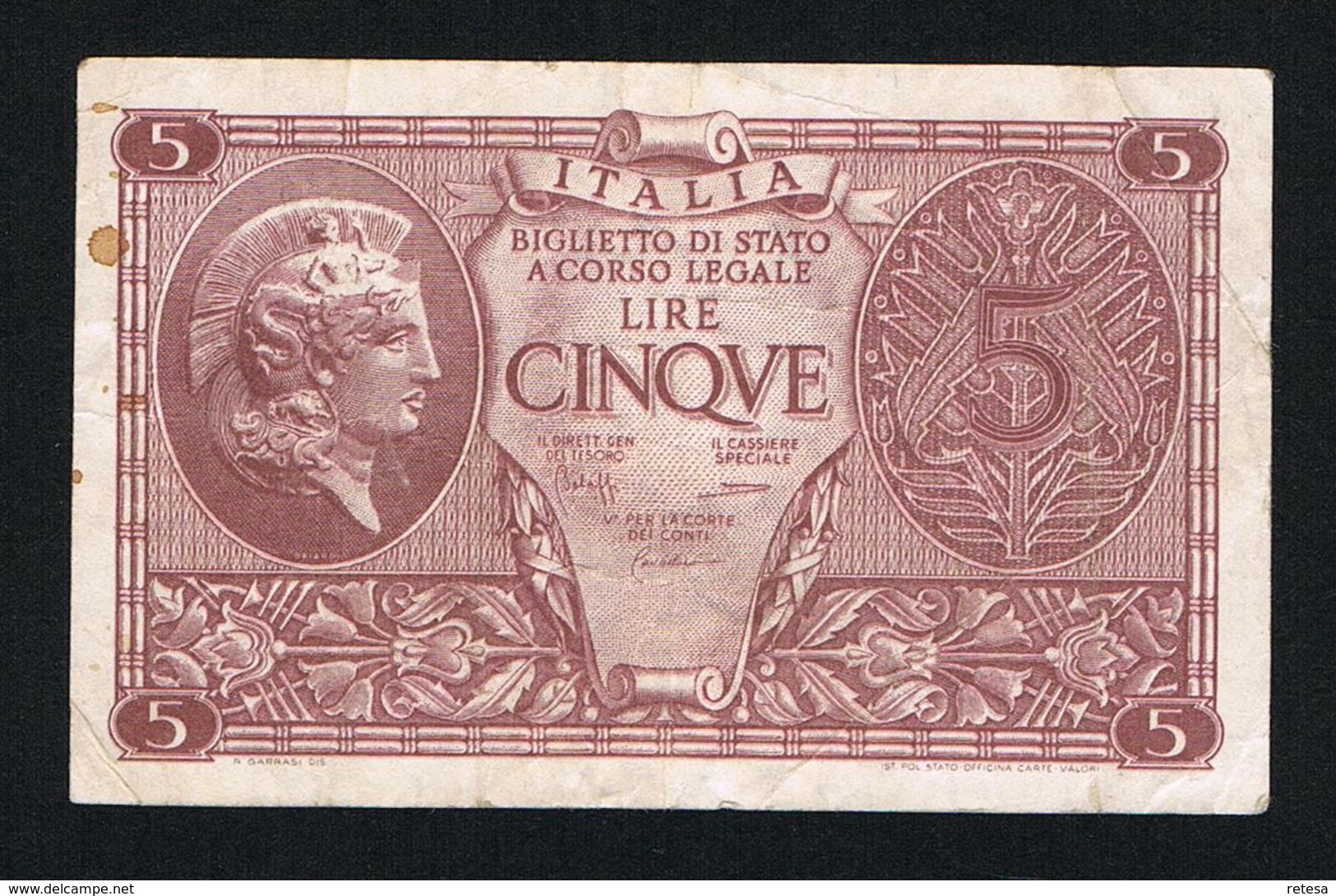 ) ITALIA  BIGLIETTO DI STATO A CORSO LEGALE 5 LIRE  1935 - Altri & Non Classificati