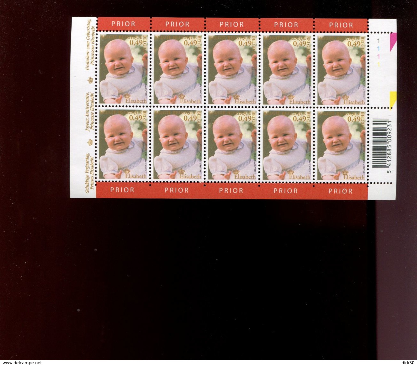 Belgie 2002 Nr 3098 Elisabeth Monarchie  Volledig Vel Plaatnummer 1 - Full Sheets And Panes