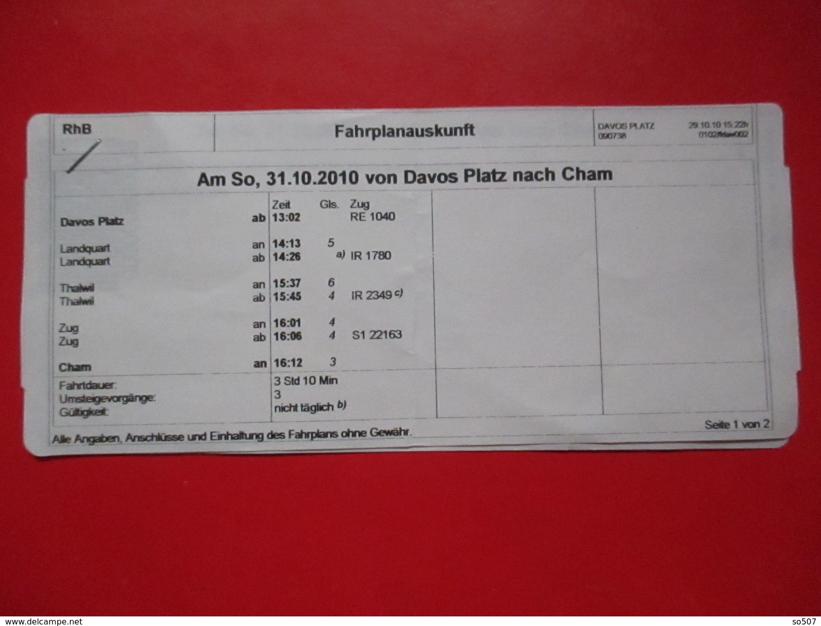 X2-Fahrplanauskunft / Timetable Information-Ticket-Davos Platz  Switzerland 2010. - Europa