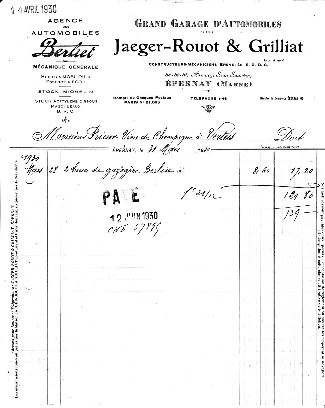 51 Epernay- 1930.Grand Garage D'Automobiles JAEGER ROUOT & GRILLIAT,34,36,38 Avenue J Jaurès.Facture Complète TB état. - 1900 – 1949