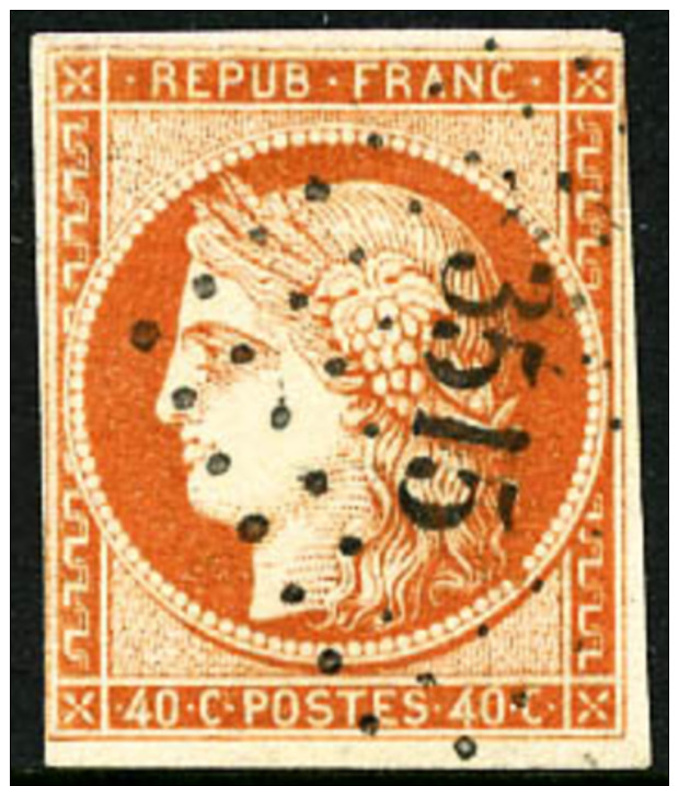 N&deg;5, 40 C. Orange, Oblit&eacute;r&eacute; PC 3515, Une Marge Au Filet Sinon TB - 1849-1850 Ceres