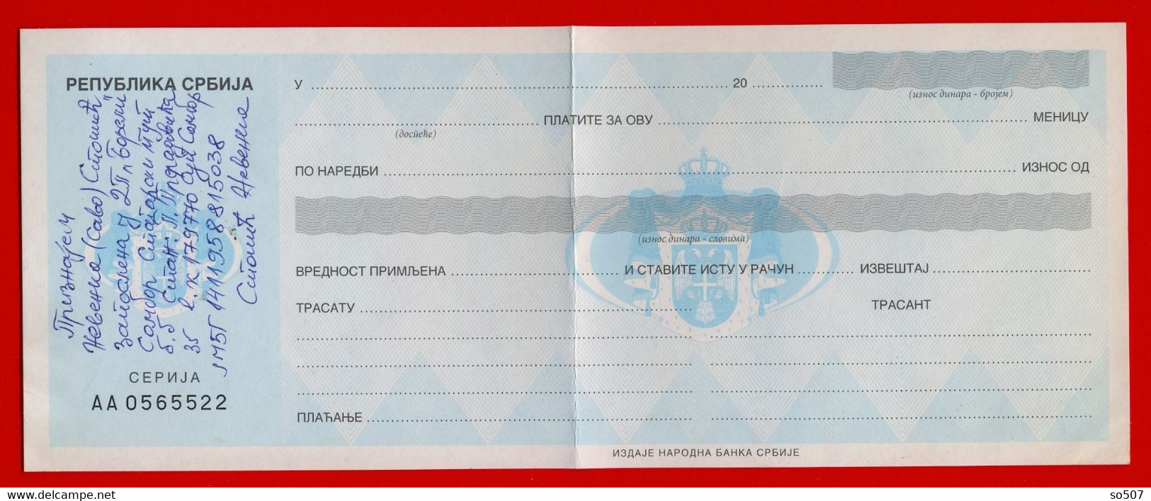 X1 - Check, Cheque, Promissory Note, Bill Of Exchange - National Bank, Republic Of Serbia, Sombor - Cheques & Traveler's Cheques