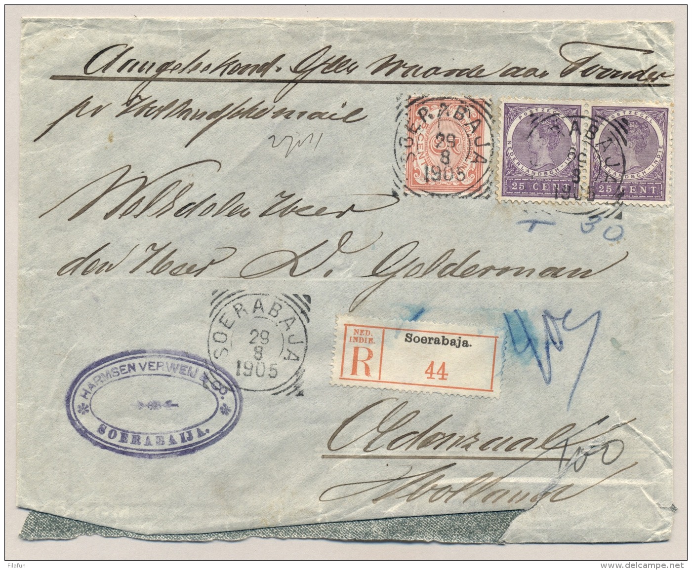 Nederlands Indië - 1905 - 2x 25 Cent Veth + 5 Cent Cijfer Op R-business Cover Van Soerabaja Naar Oldenzaal / NL - Nederlands-Indië