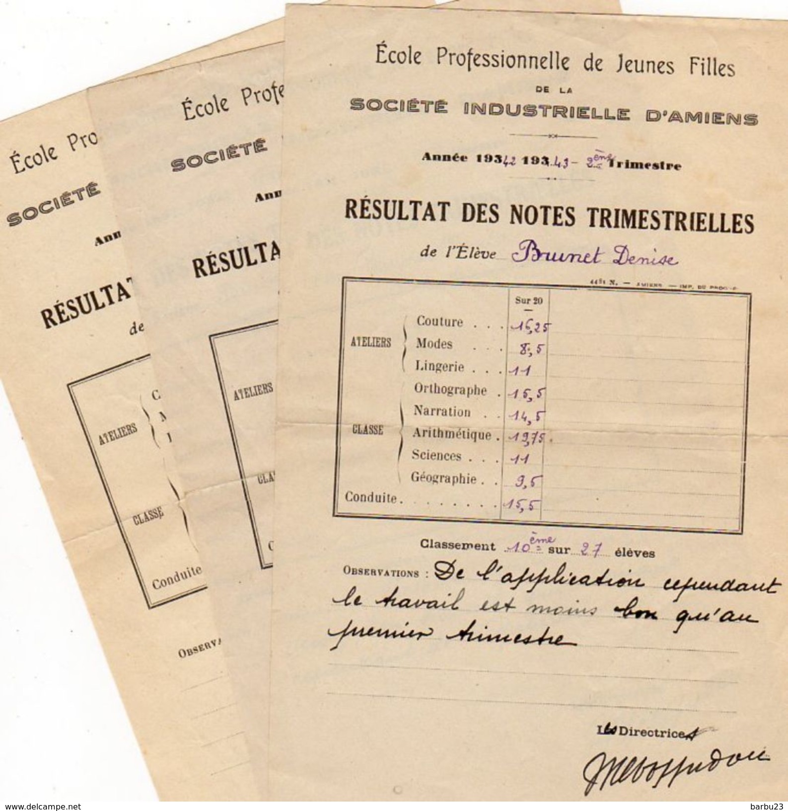 Lot De 3 Bulletins Scolaires Année 1942/43 Ecole Professionnelle De Jeunes Filles D'Amiens - Diplômes & Bulletins Scolaires