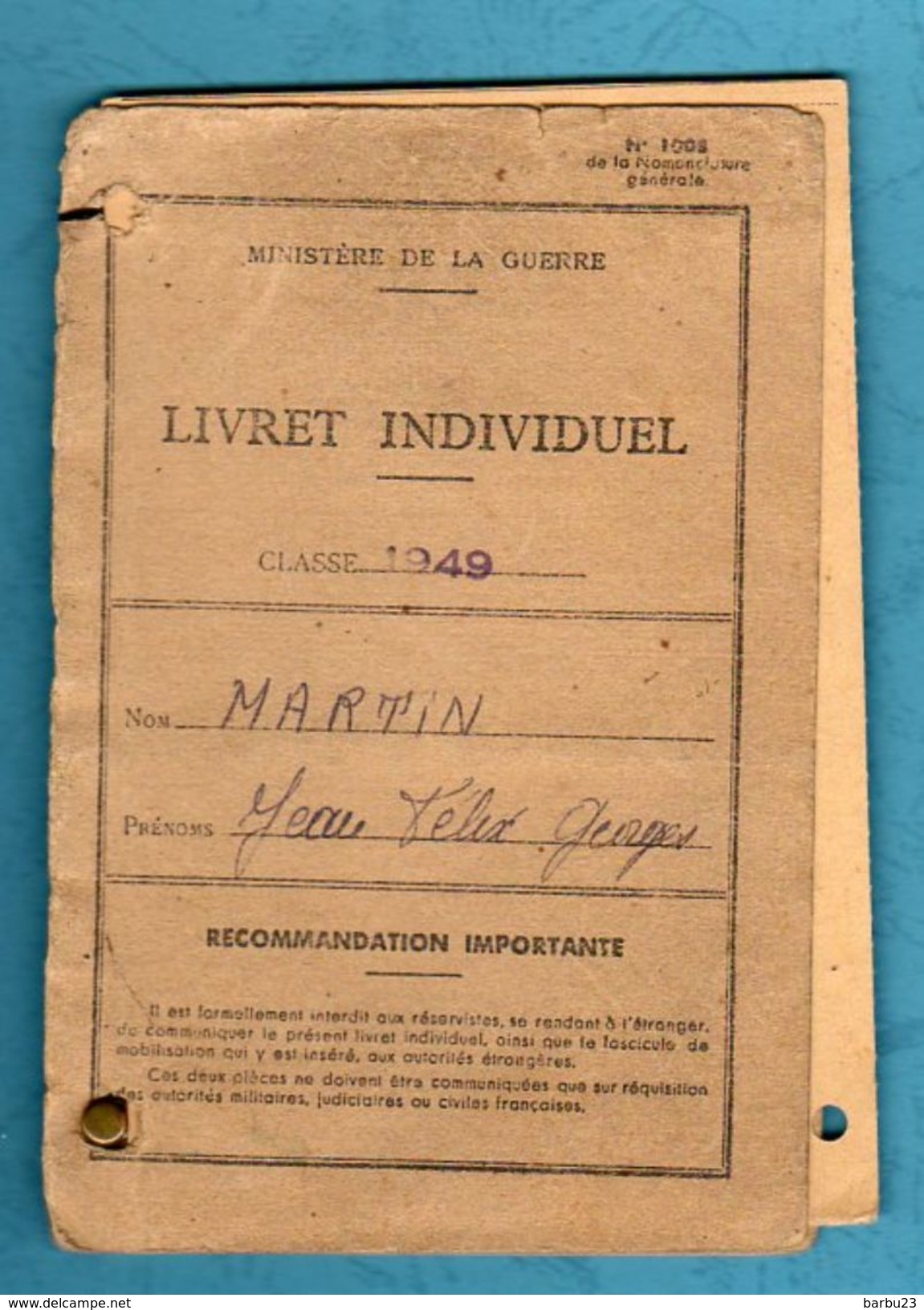 Livret Militaire Classe 1949 Valenciennes - Documents