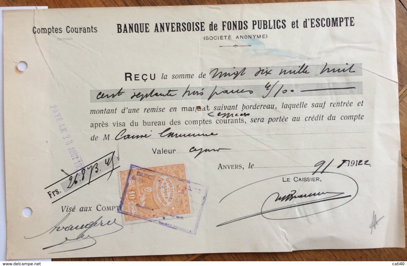 BELGIO ANVERSA 1912 BANCA BANQUE ANVERSOISE DE FONDS PUBLICS ER D'ESCOMPTE  - DOCUMENTO CON MARCHE DA BOLLO - 1900 – 1949