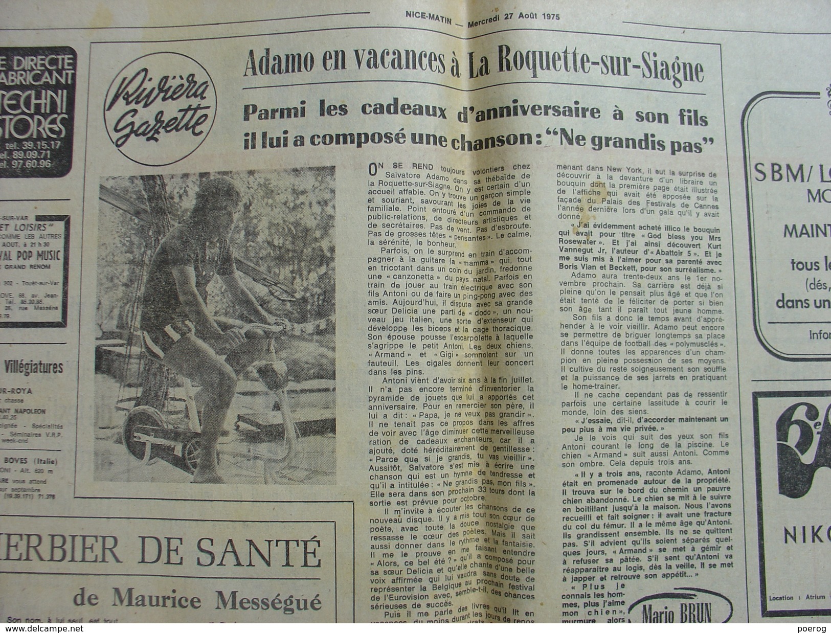 NICE MATIN Du 27 AOUT 1975 - COMMANDO ALERIA CORSE - ST MARTIN DU VAR - ADAMO LA ROQUETTE SUR SIAGNE - MONACO FOOTBALL - 1950 à Nos Jours