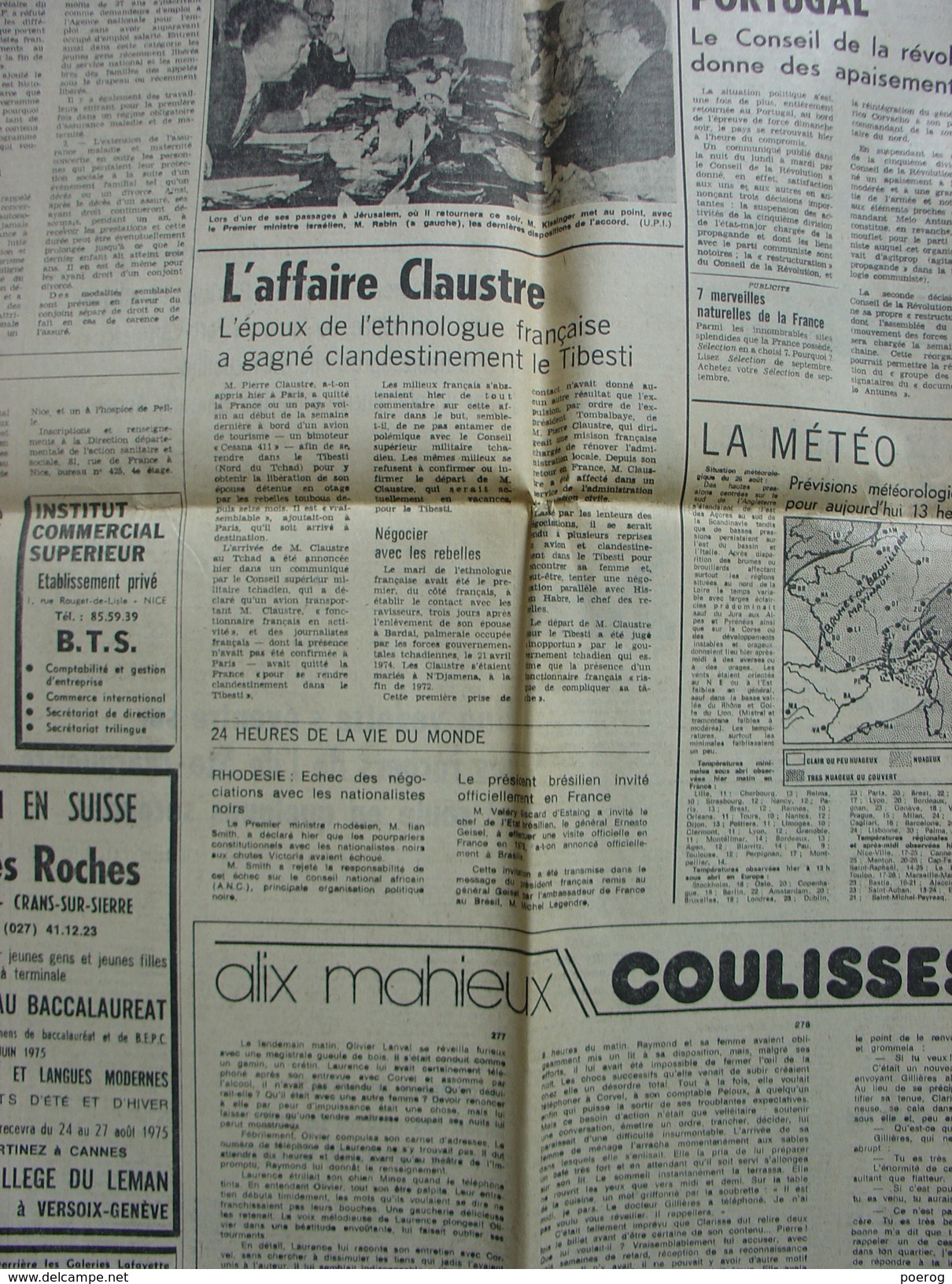 NICE MATIN Du 27 AOUT 1975 - COMMANDO ALERIA CORSE - ST MARTIN DU VAR - ADAMO LA ROQUETTE SUR SIAGNE - MONACO FOOTBALL - 1950 à Nos Jours