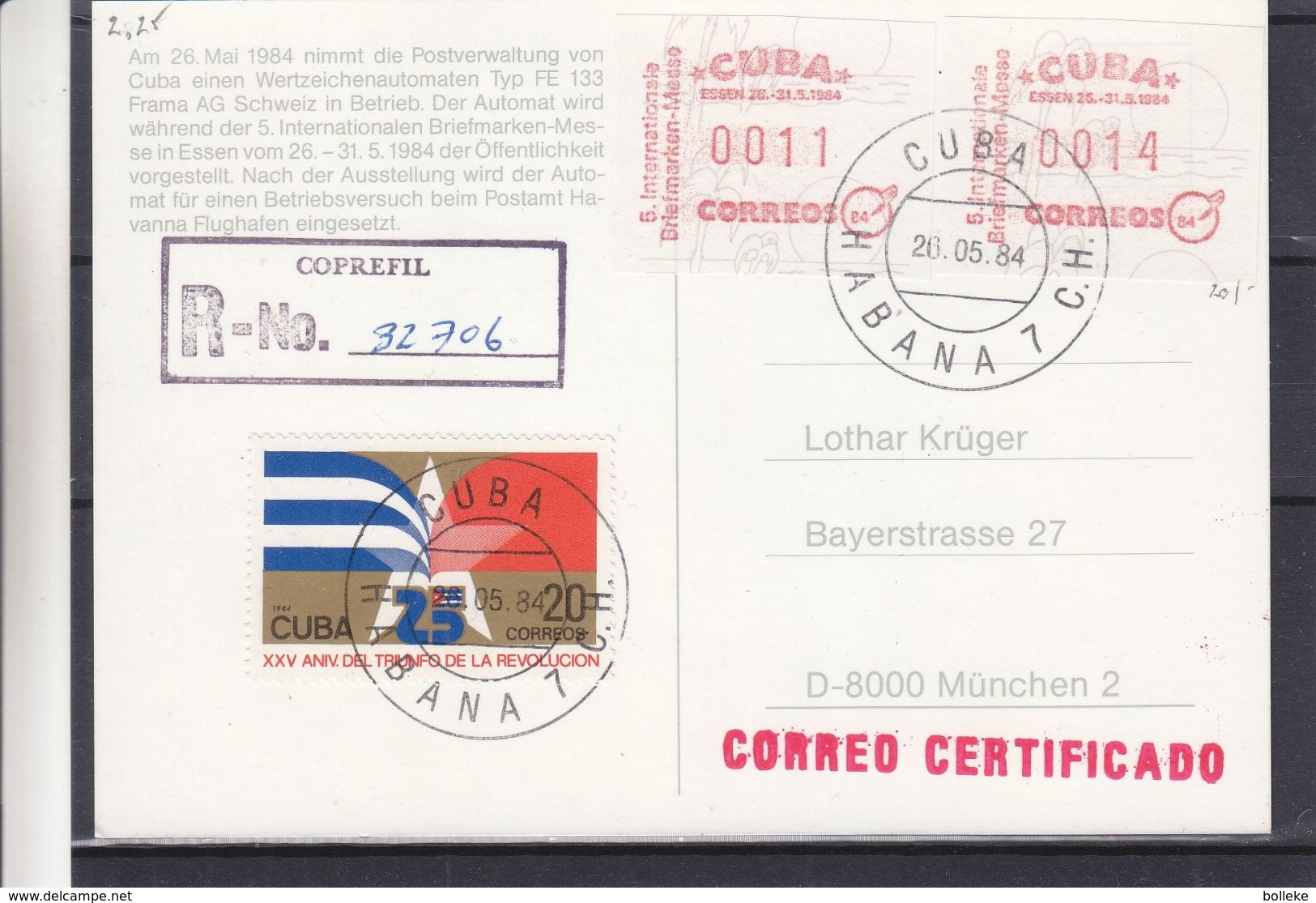 Cuba - Carte Postale Recom De 1984 - Oblit Habana - Expo Philatélique - ATM - Vignette D'affranchissement - Automatenmarken (Frama)