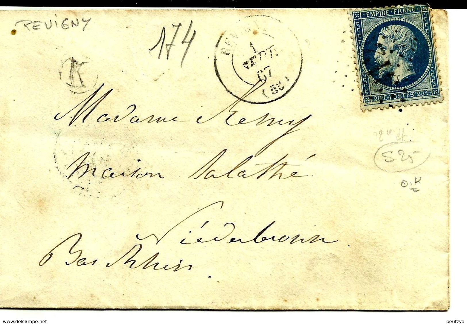 Enveloppe 20c Pevigny Pour Niederbronn  N°174 - 1863-1870 Napoleone III Con Gli Allori