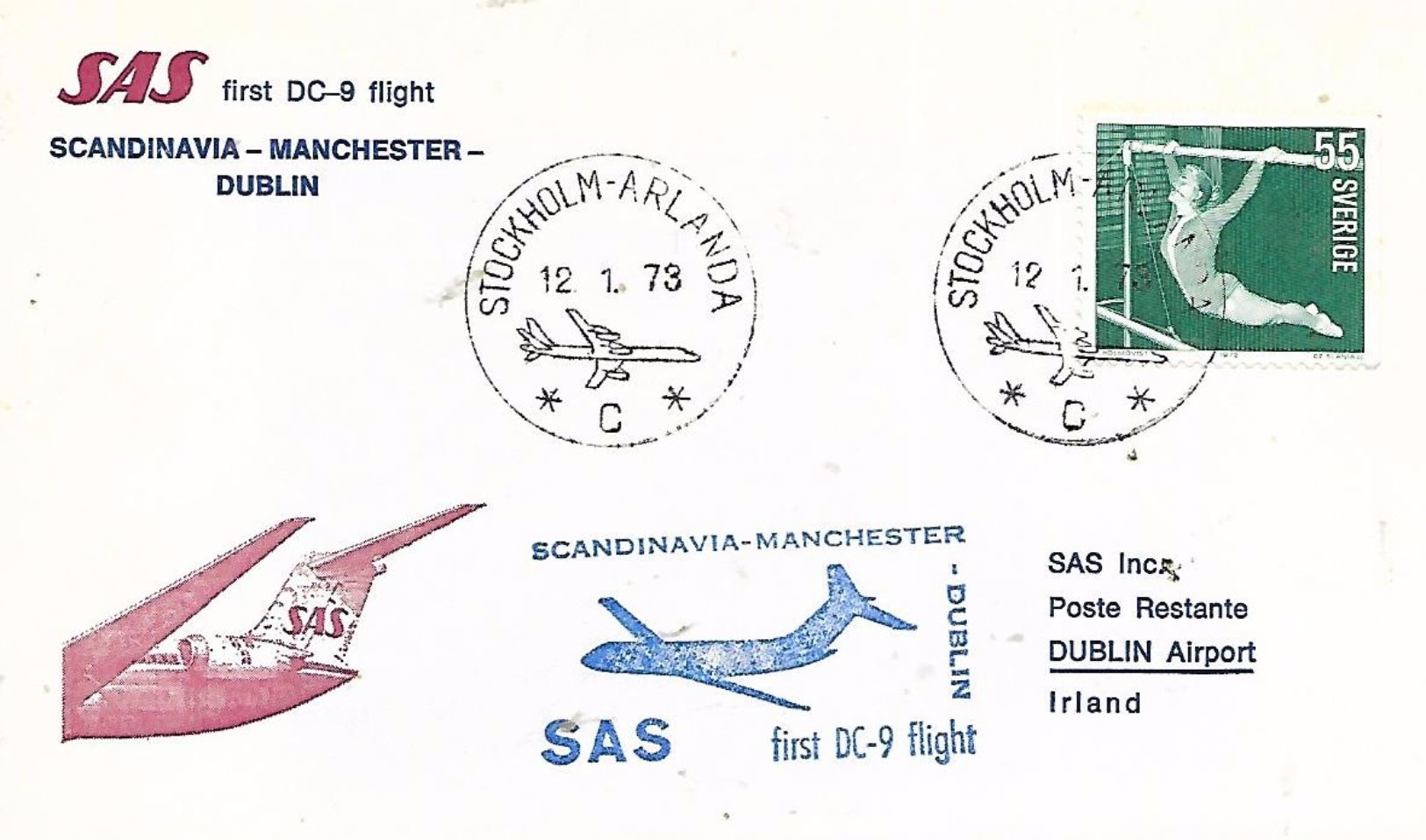 SCANDINAVIA Manchester DUBLIN  S A S First DC 9  Flight  12/01/73 - Airplanes