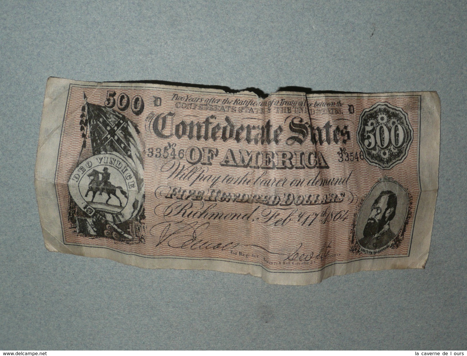 Rare Reproduction Du Billet Bill 500 Five Hundred Dollars Confederate States Of America, United 1864 Fake Collector - Unidentified