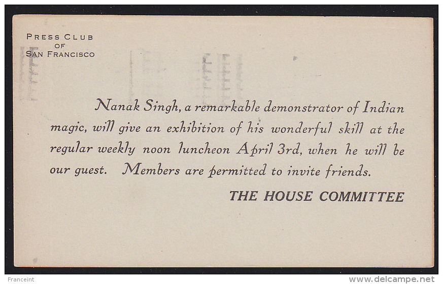 U.S.A. (1912) Magic.  Postal Card (used) With Printed Announcement For An Exhibition By"Nanak Singh, A Remarkable Demons - 1901-20