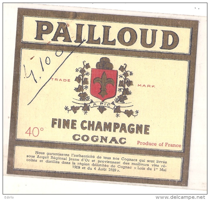 --- PAILLOUD Cognac Fine Champagne (4100 Anotation D'imprimeur) - Whisky