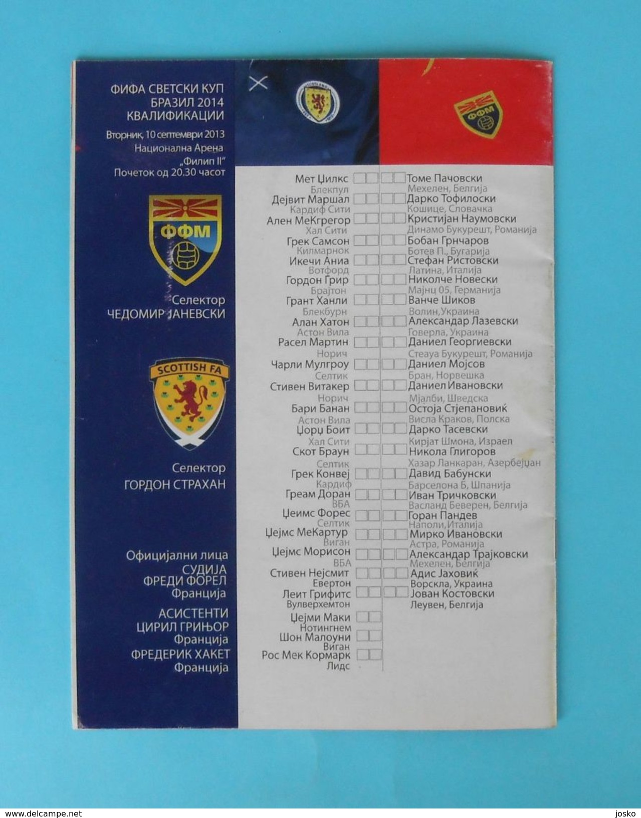 MACEDONIIA : SCOTLAND - 2014. FIFA WORLD CUP qual. football soccer match programme * soccer fussball programm programma