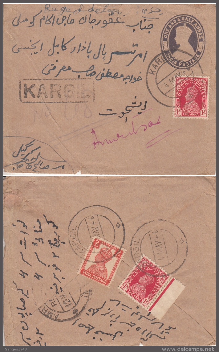 India 1940's  KG VI Franked  KARGIl  ( Ladakh ) Registered Cover To Amritsar   #  95314    Inde Indien - 1936-47 King George VI