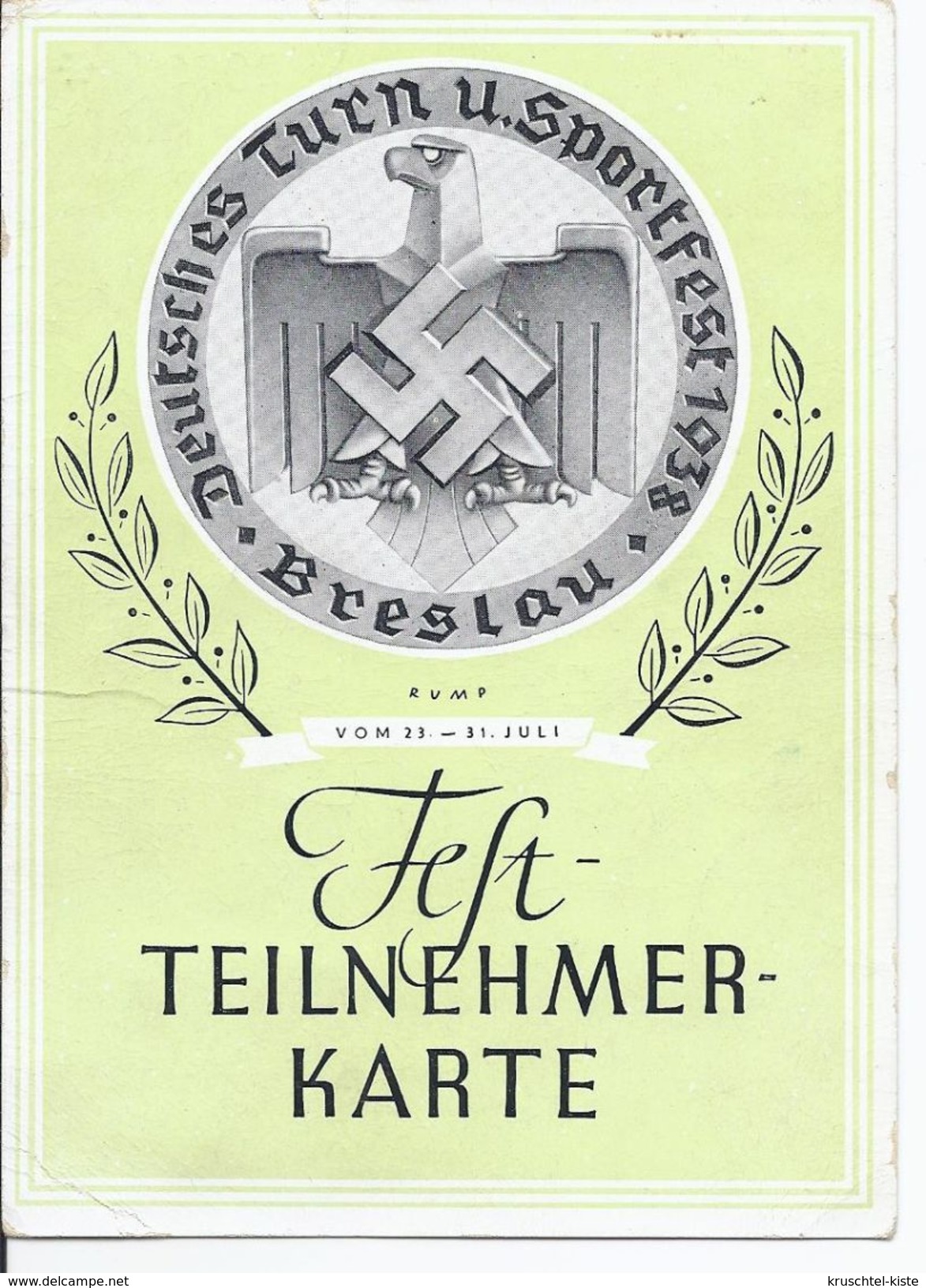 Dt.- Reich (000992) Propagandakarte Turn Und Sportfest Breslau 1938, Fest- Teilnehmerkarte, Eintrittskarte Plus Vignette - Storia Postale