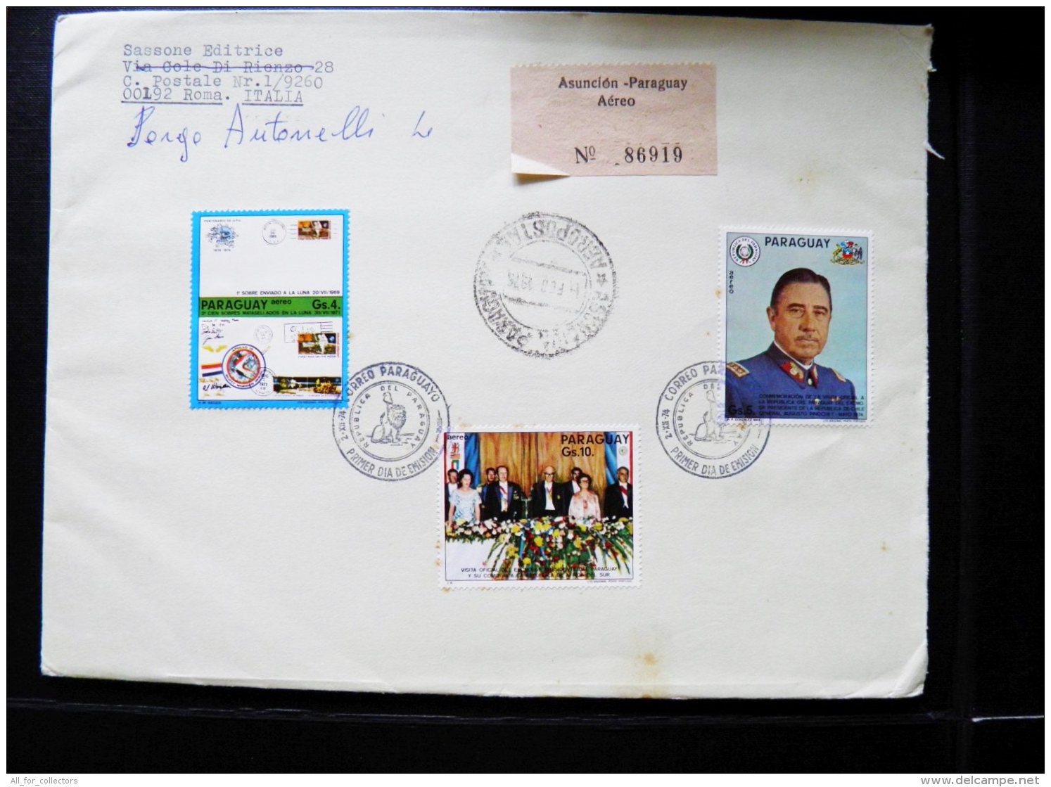 Cover From Paraguay Registered Asuncion 1974 Fdc Cancel Chile President Pinochet Stamp On Stamp Space Usa Apollo - Paraguay